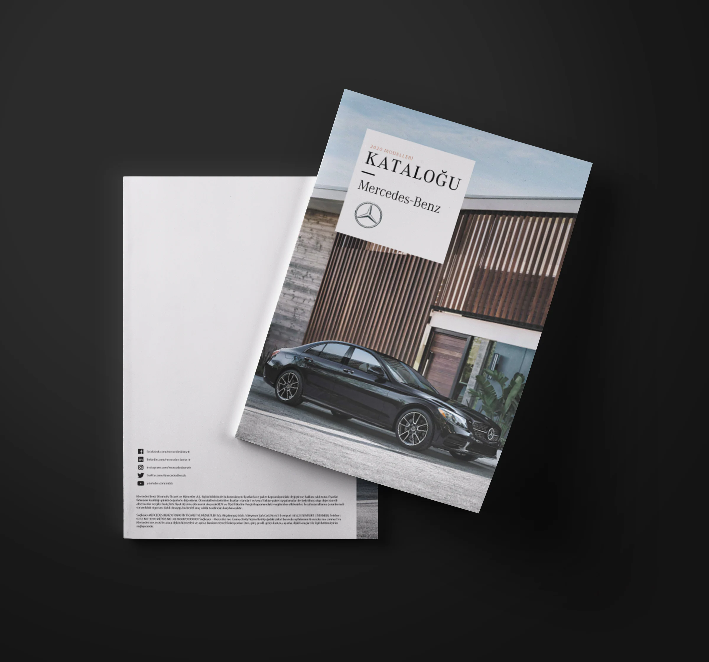Back cover with social media links and small print, overlapped by the front: a Kataloğu title box with the star logo above a black sedan.