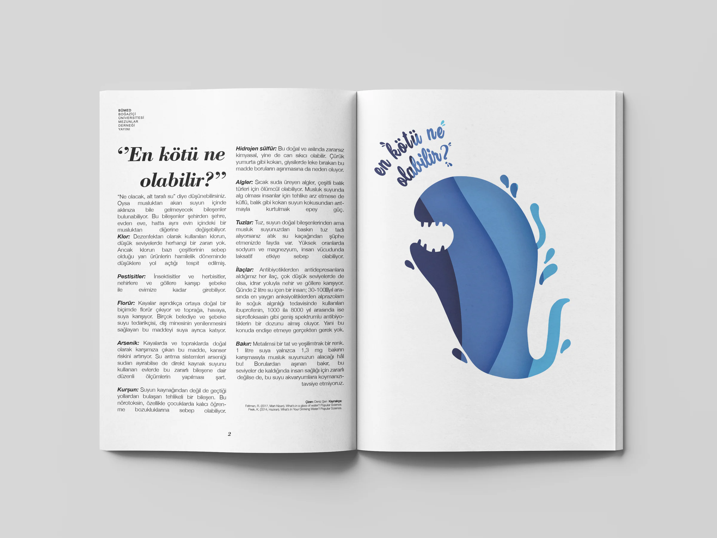 Open magazine spread: article on tap water contaminants at left, a layered blue water creature with teeth and a script title at right.