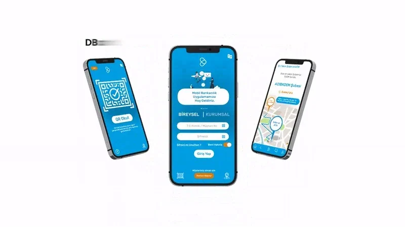 Animation: QR scanner and branch map phones part as a third rises with the DBank login screen; DBank Mobile App Concept Design types in.