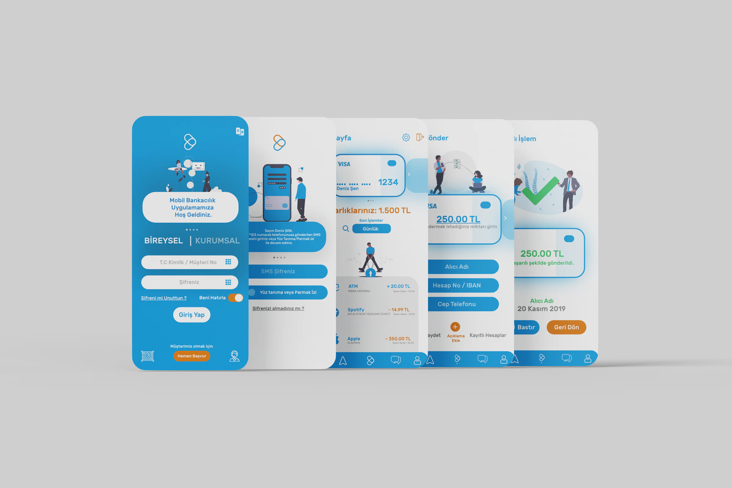 Five DBank screens in an overlapping row on light grey: login, SMS verification, home with card and balance, money transfer, success.
