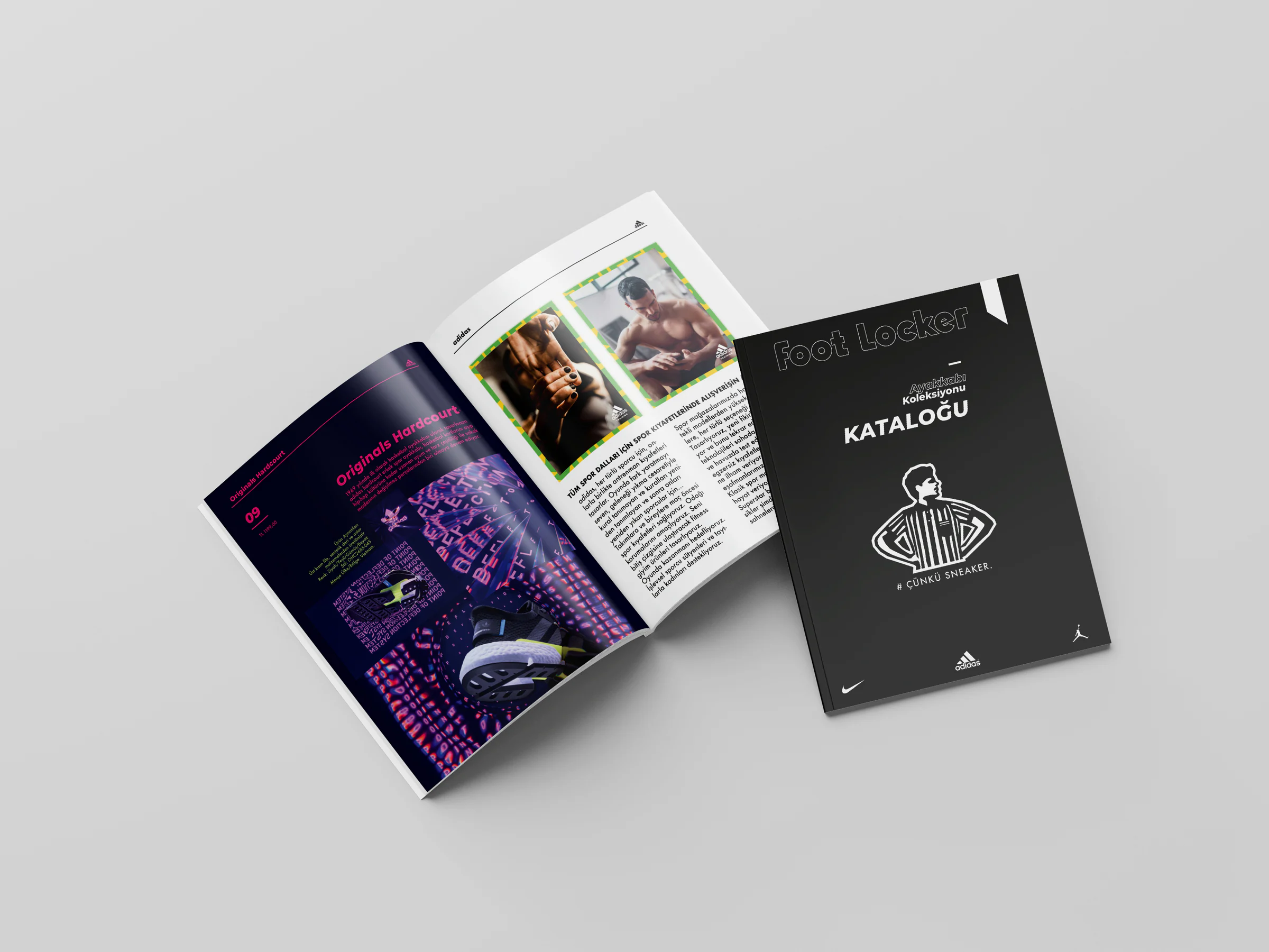 Catalogue open on a dark purple and pink Originals page and a white page with two framed photos, next to the black Foot Locker cover.