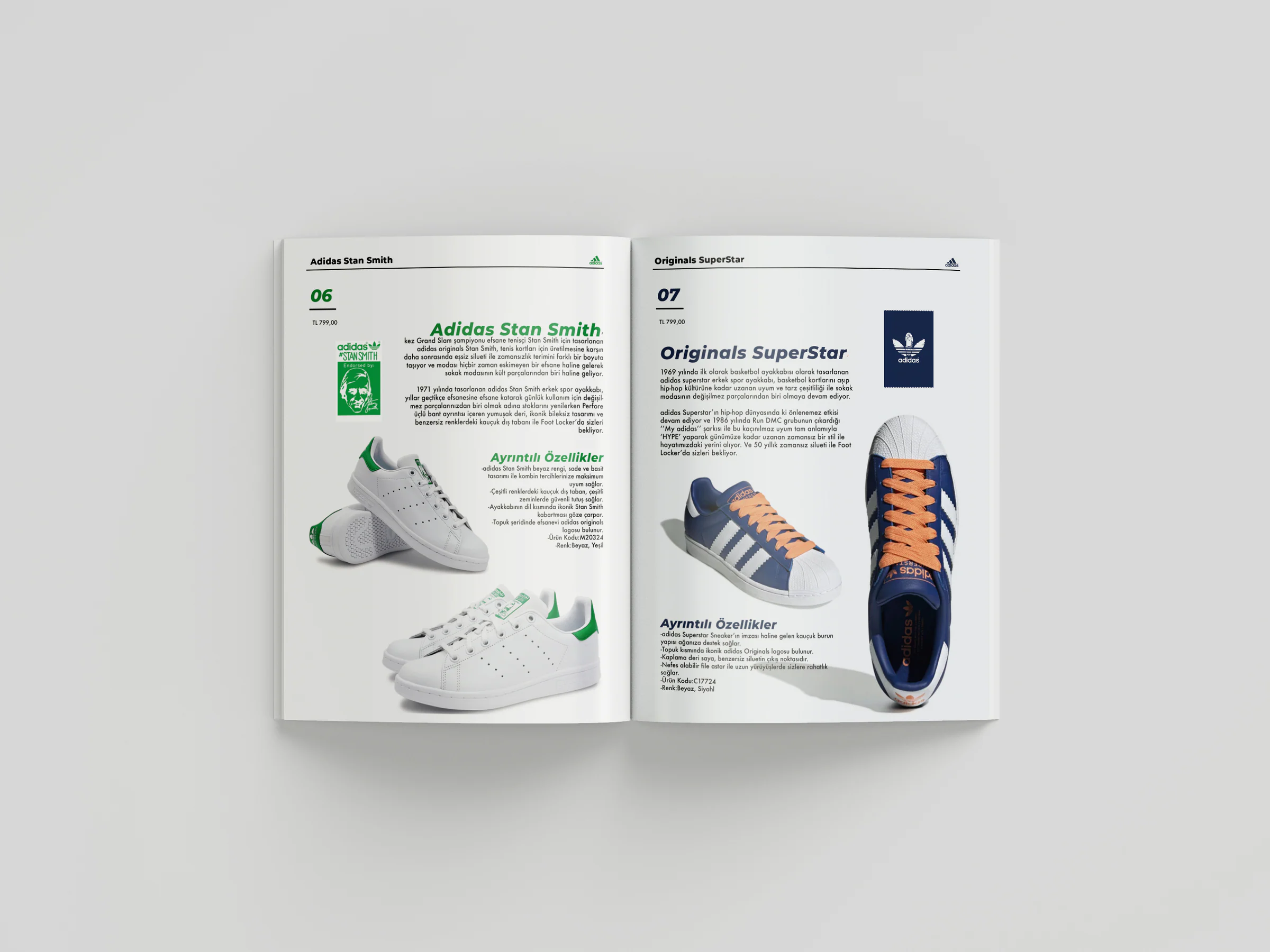 Pages 06 and 07 for adidas Stan Smith and Originals Superstar: white layouts with product shots, prices and green and navy accents.