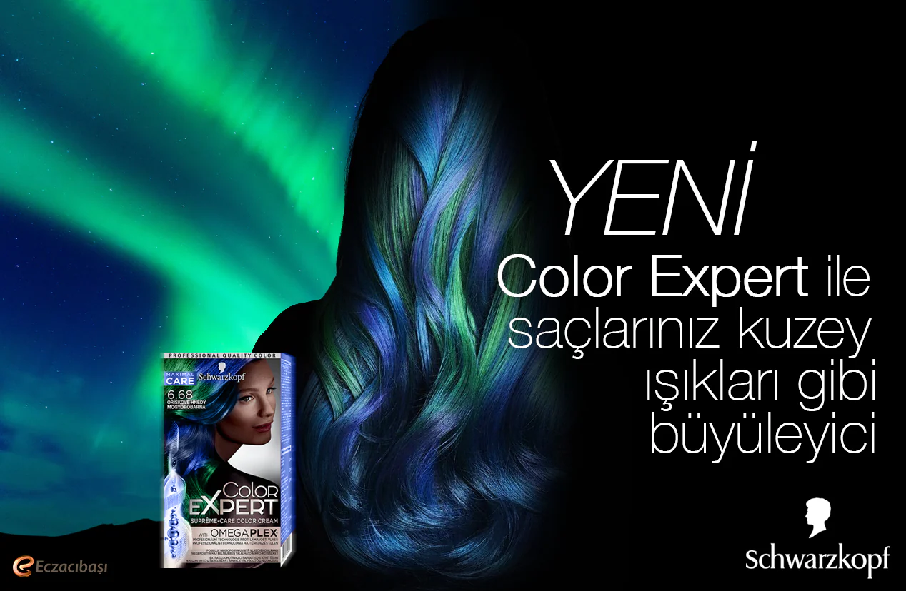 Schwarzkopf Color Expert ad: long blue-and-green hair, seen from behind, echoes the aurora sky at left; the dye box sits lower left.