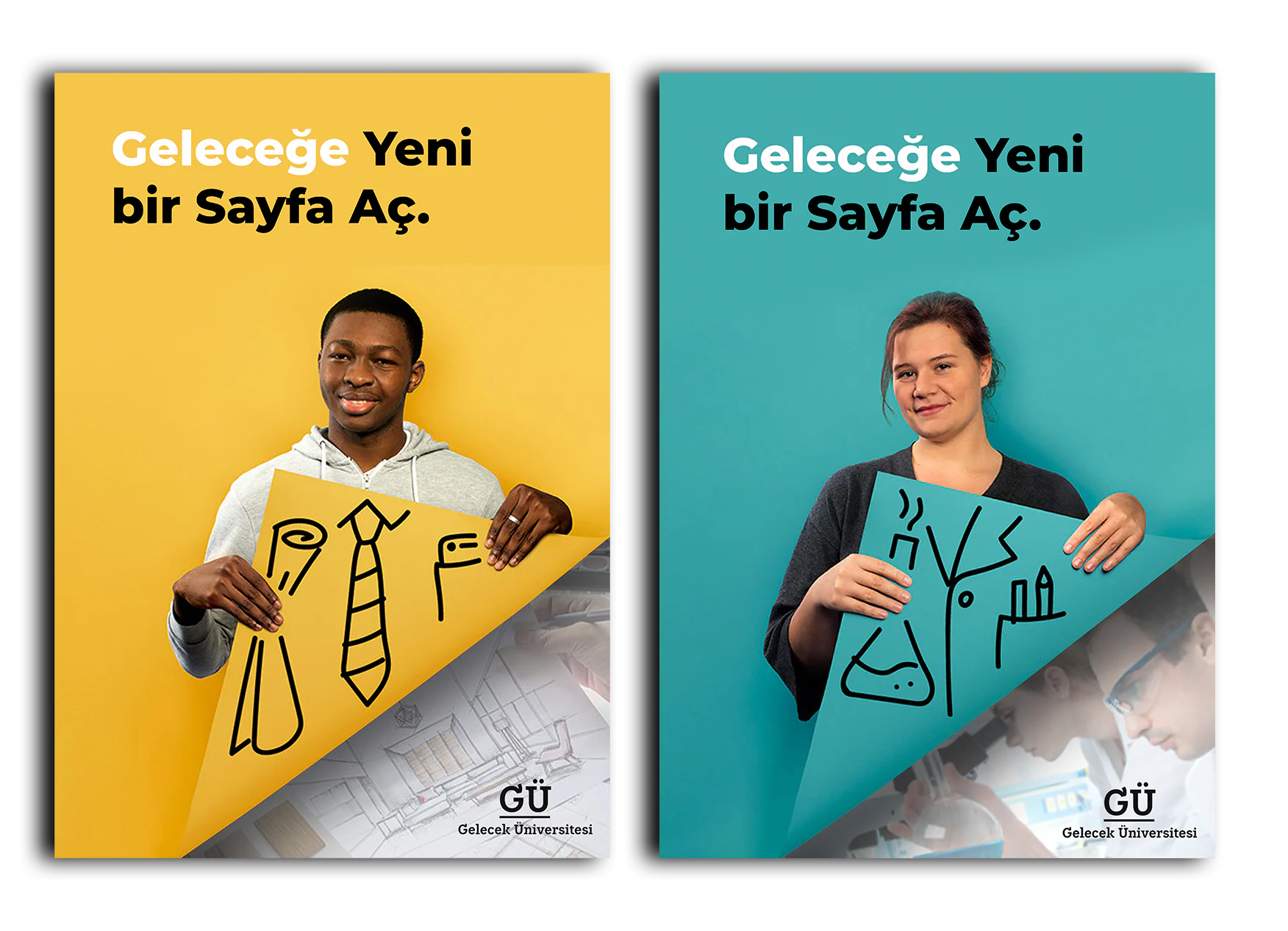 Two Gelecek Üniversitesi posters, yellow and teal, each with a young person holding a doodled page that peels back onto a photo.
