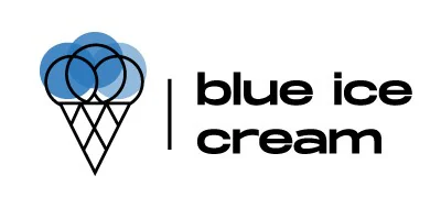 Blue Ice Cream logo: a line-drawn cone with three overlapping blue scoops, a vertical rule and a black lowercase wordmark.