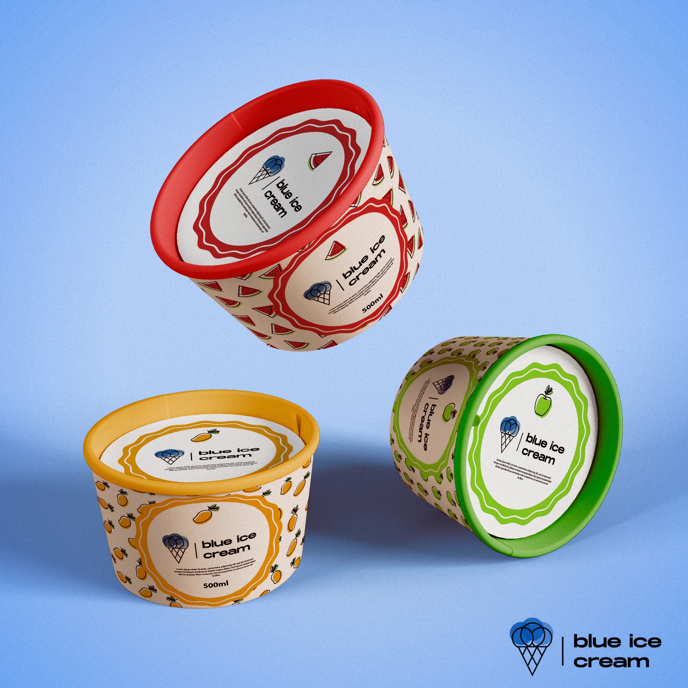 Red watermelon, yellow mango and green apple 500ml tubs with fruit patterns and wavy logo badges, the red one mid-air, on light blue.