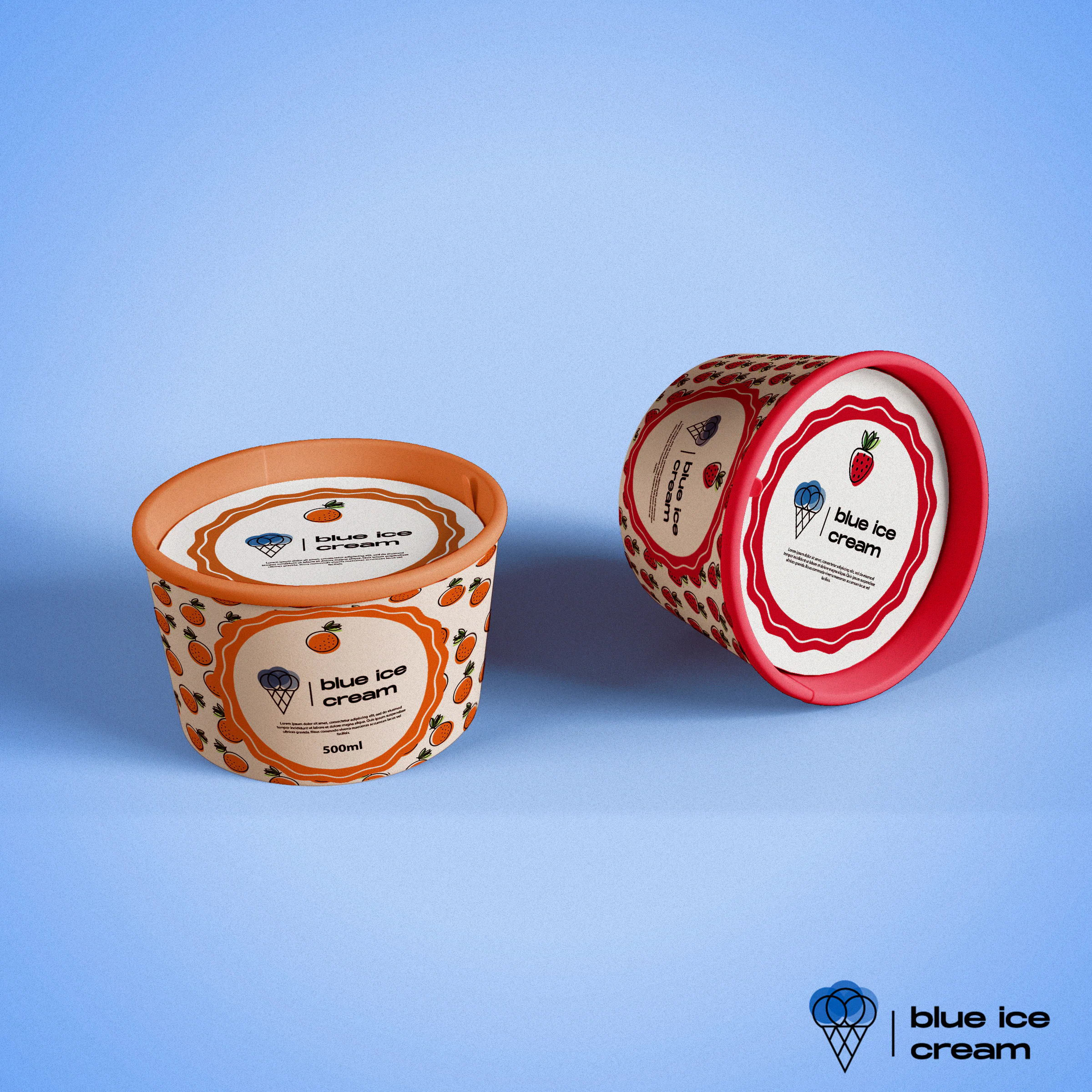 Orange-pattern tub standing upright and strawberry tub on its side on light blue, showing the wavy logo badge on the side and lid.