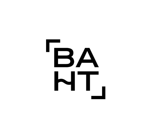 baht logotype: BA over HT with a wavy line worked into the H, framed by scanner-style corner brackets, black on white.