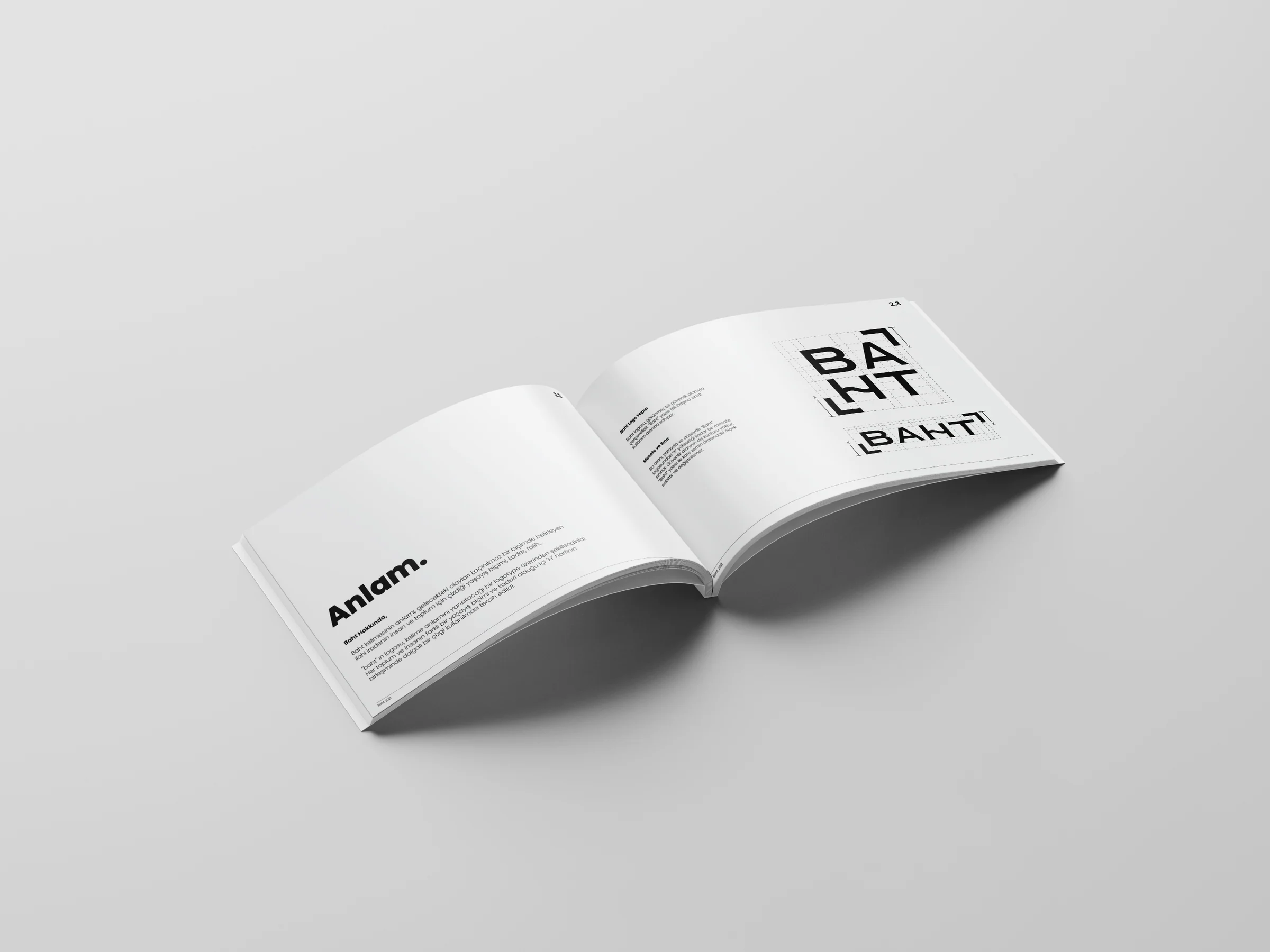 Identity guide spread on the meaning of the name, with stacked and horizontal versions of the baht logo.