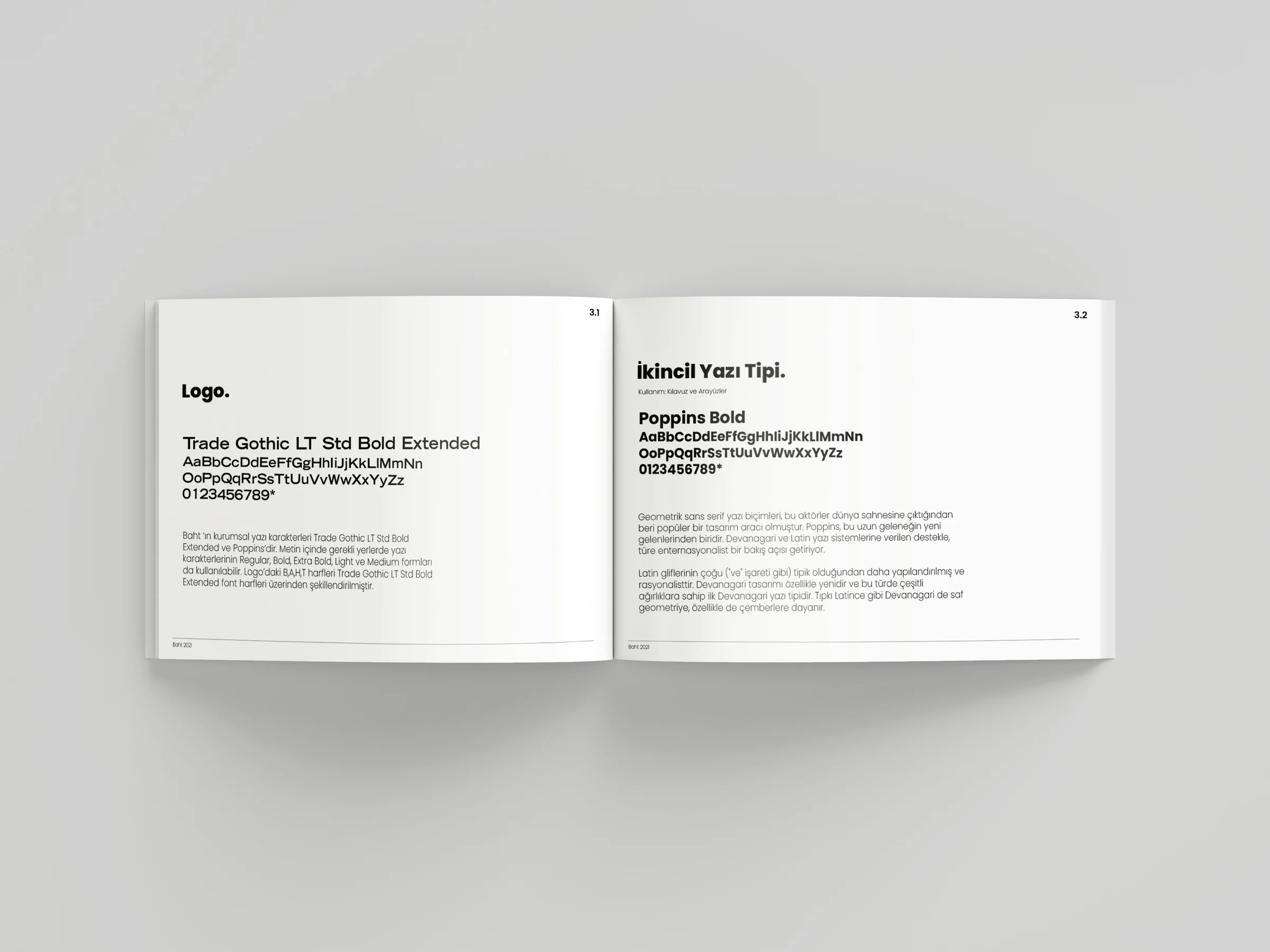 Guide spread on typefaces: Trade Gothic LT Std Extended for the logo and Poppins as the secondary typeface, with alphabet samples.