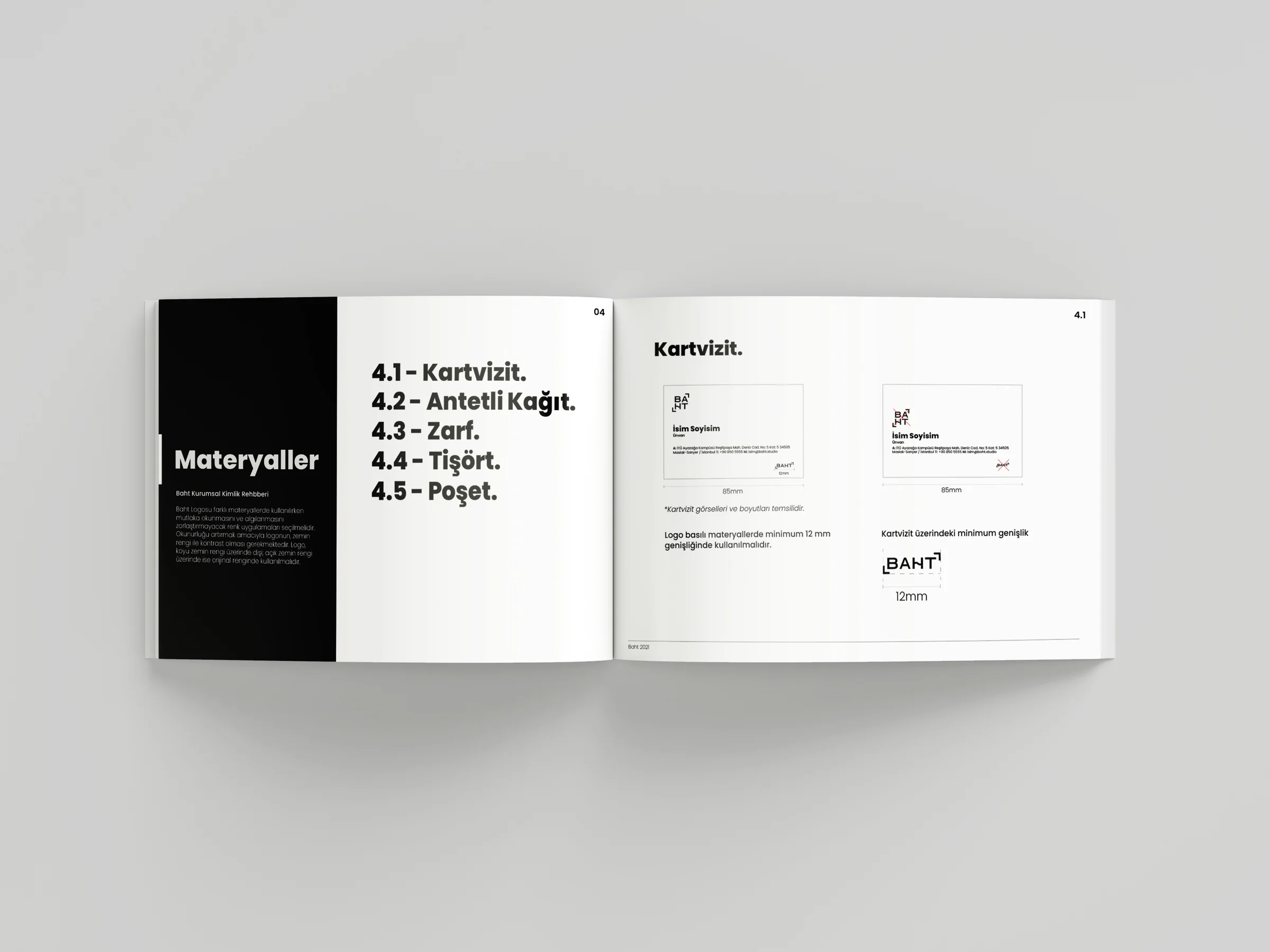 Guide spread: a Materials opener listing business card, letterhead, envelope, T-shirt and bag, beside business card layouts.