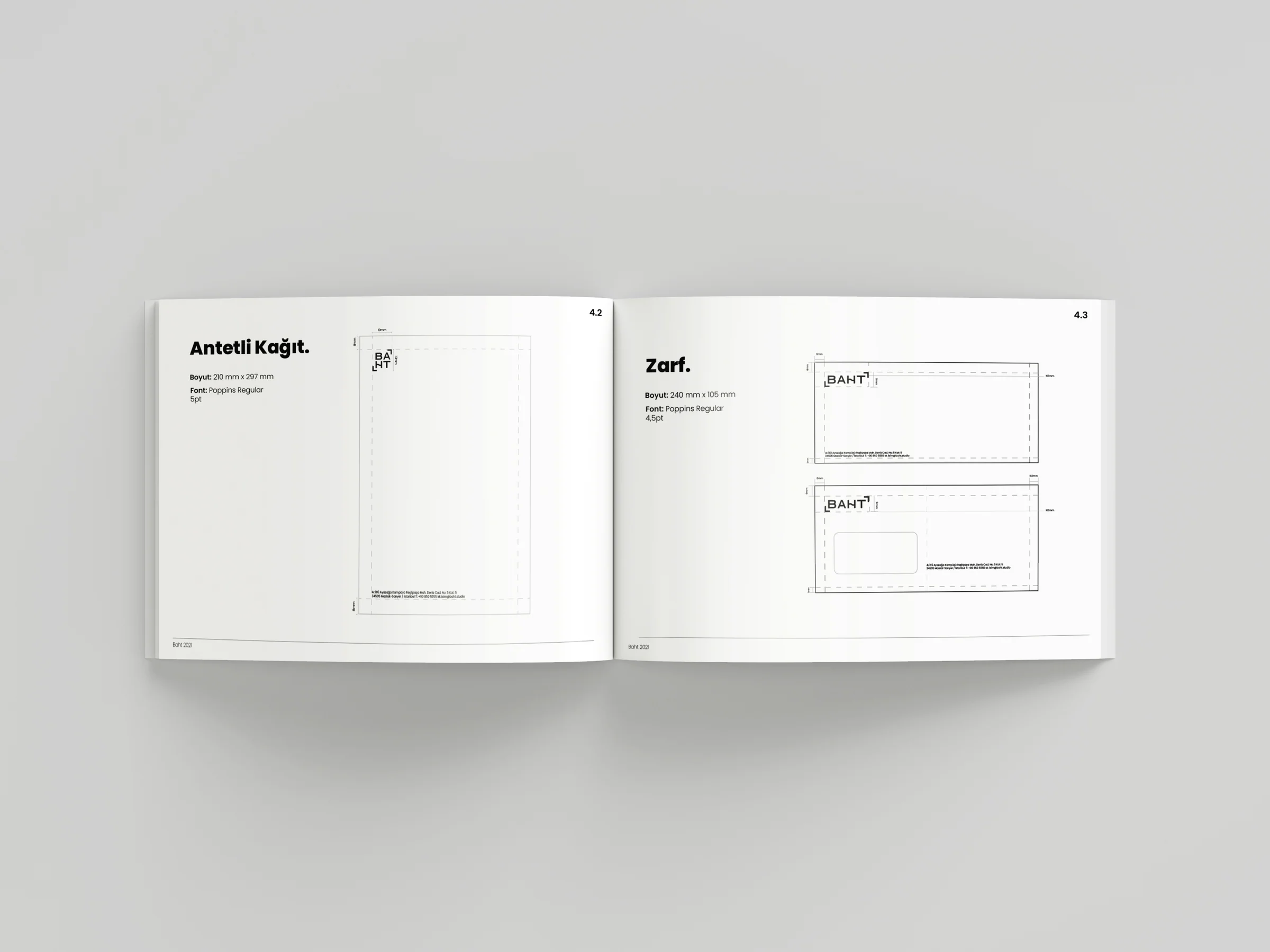 Guide spread with technical layouts for an A4 letterhead and a 240 x 105 mm envelope carrying the baht logo.