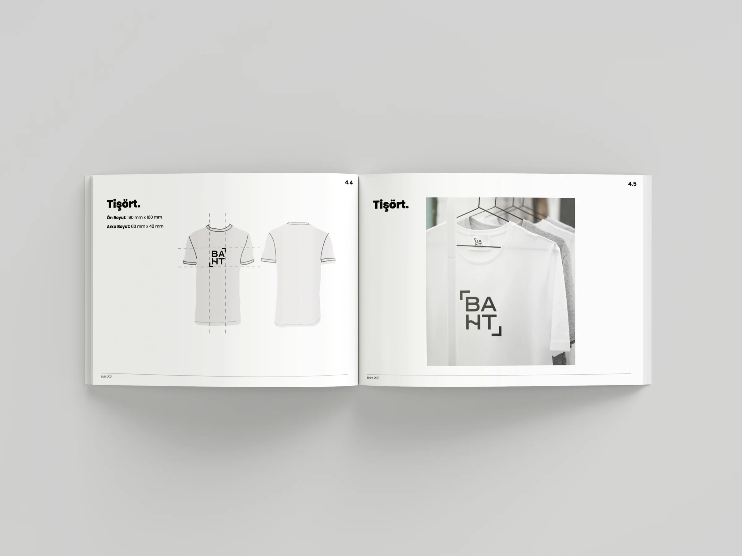 Guide spread showing T-shirt print placement on front and back, beside a photo of logo T-shirts on hangers.