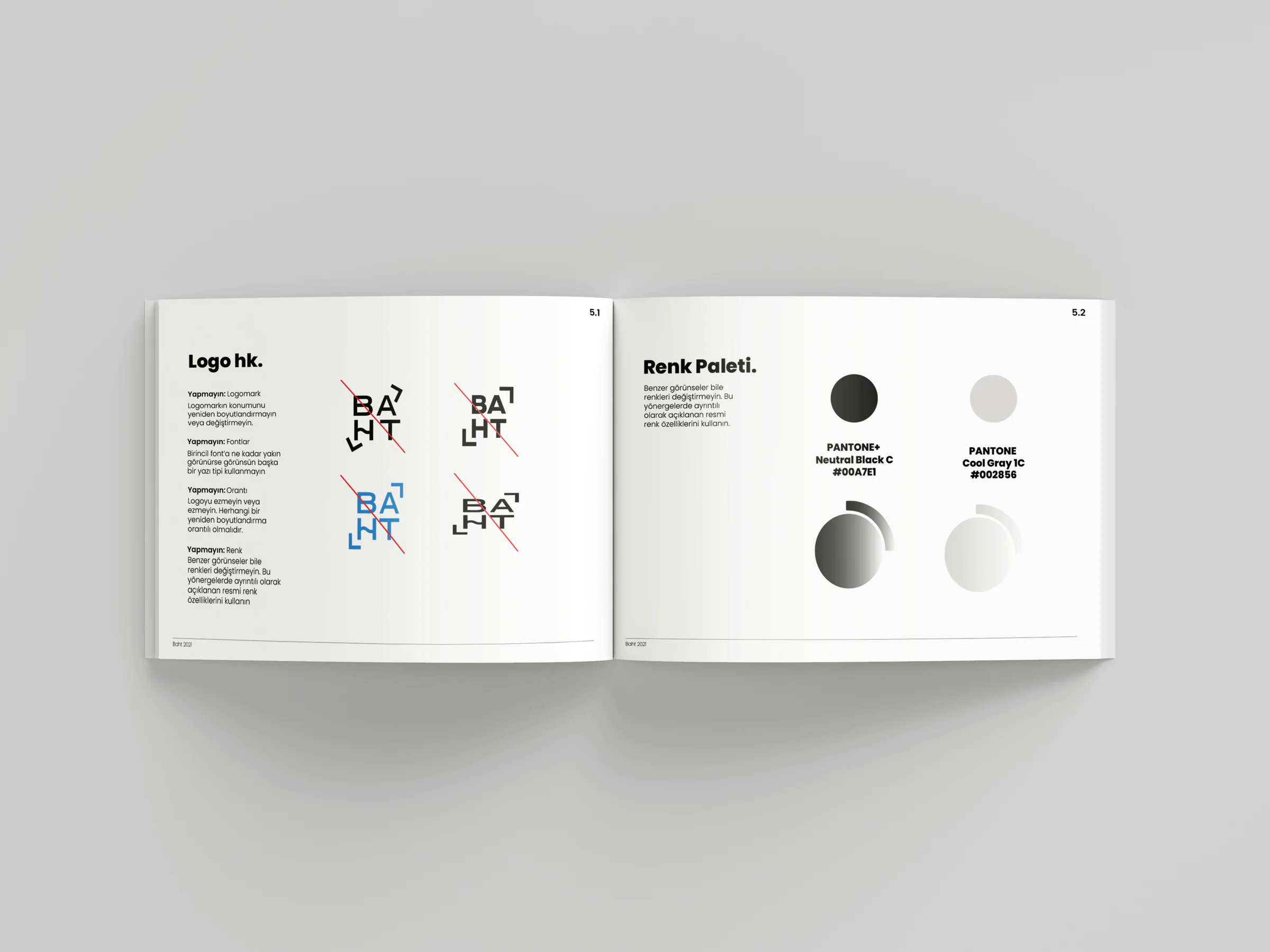 Guide spread of logo misuse examples crossed out in red, and a colour palette page with Pantone Neutral Black C and Cool Gray 1 C.