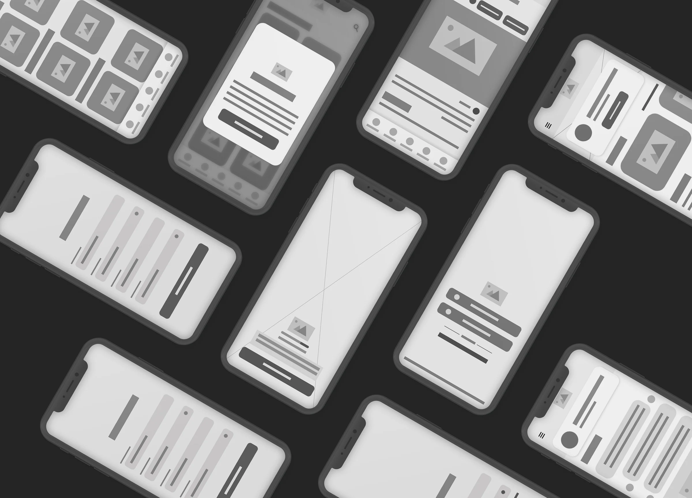 Grey wireframes of the baht mobile app on rows of tilted phones against a dark background.
