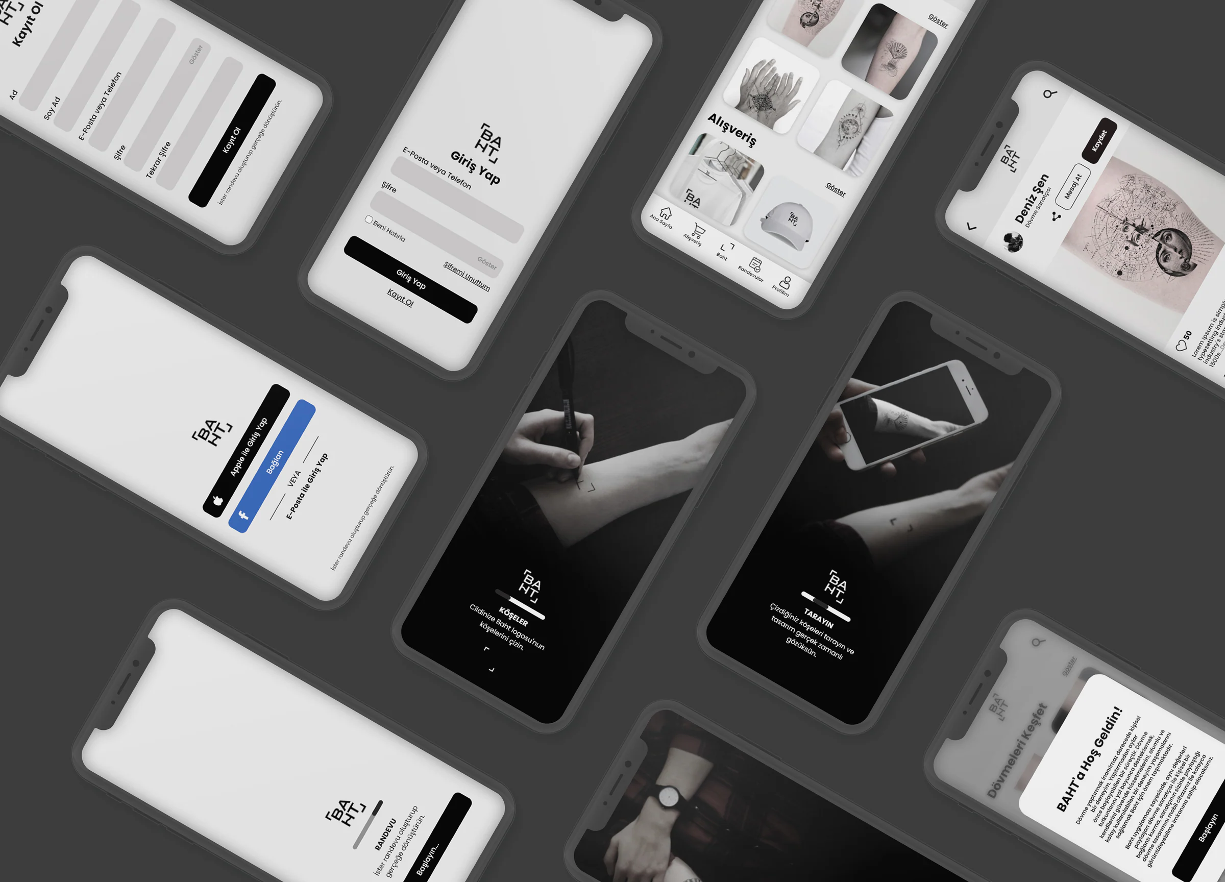 Tilted phone screens of the baht app: sign-up, login, dark onboarding screens with tattoo photos, shop and an artist profile.