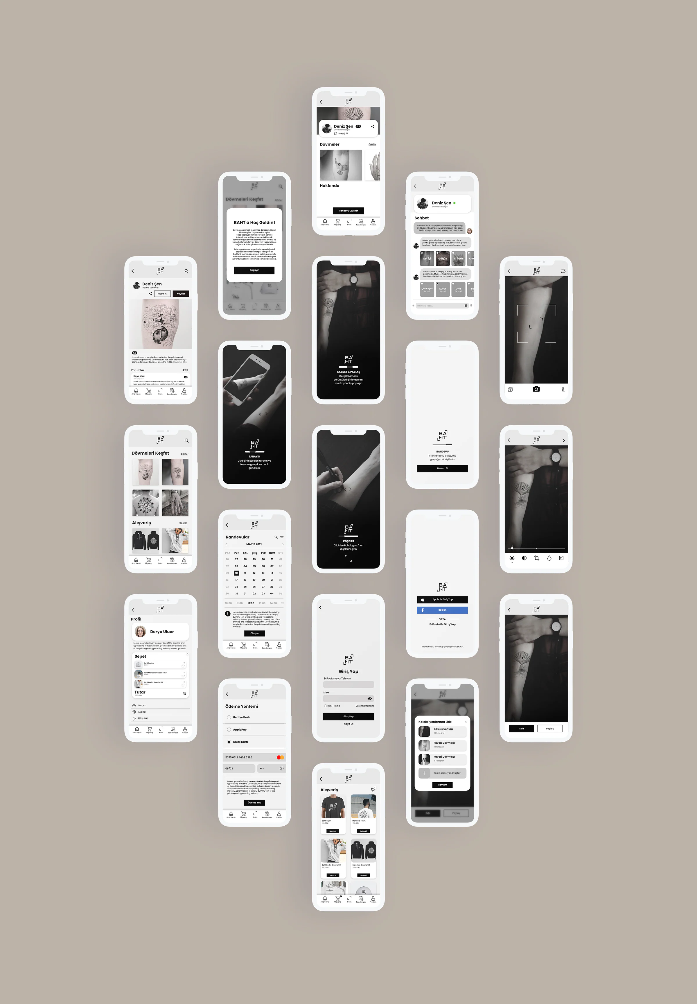 Full set of baht app screens: onboarding, explore, artist profile, chat, booking calendar, payment, shop and AR camera try-on.