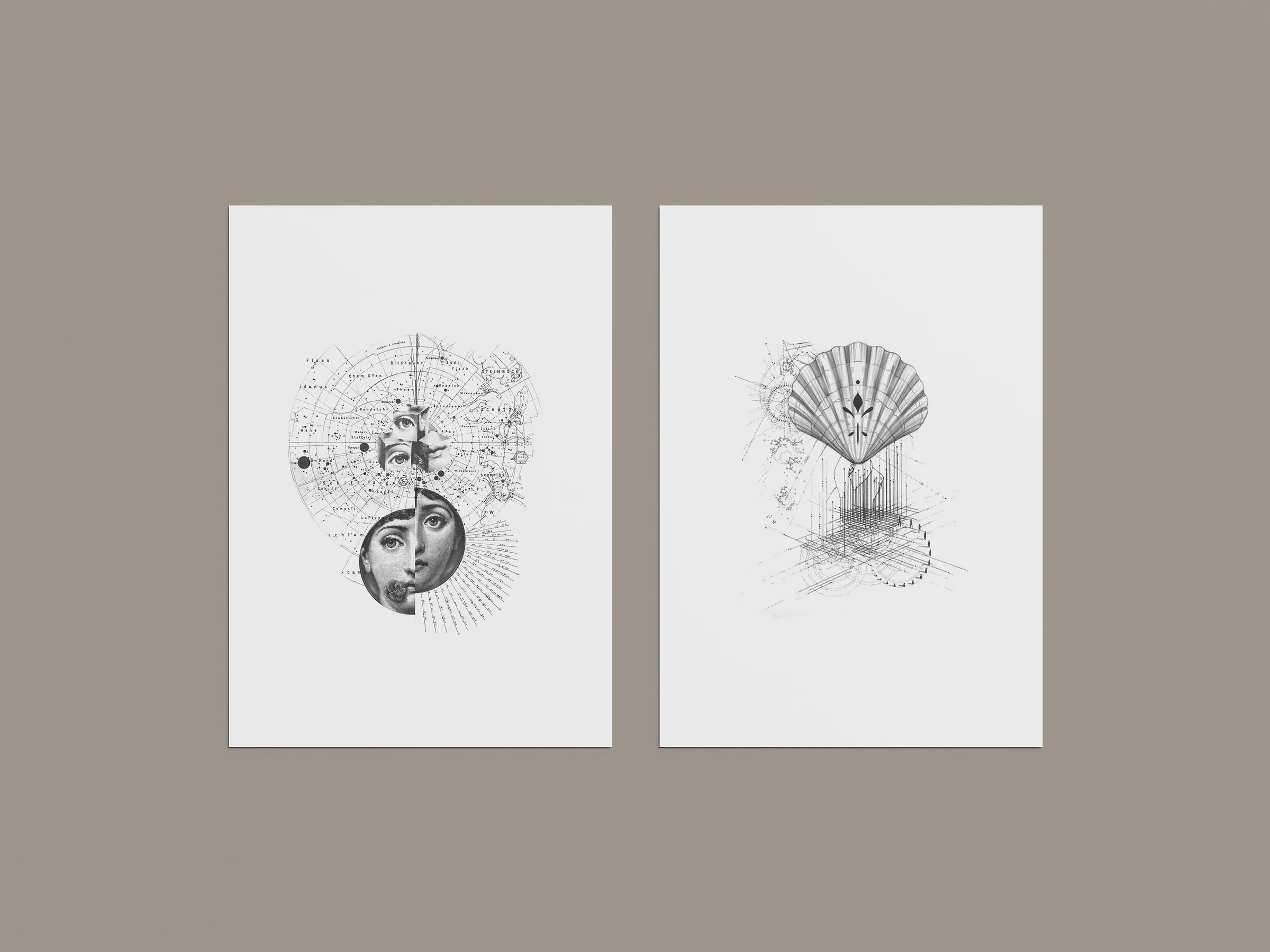 Two tattoo design prints: a star chart collage with a vintage woman's face, and a geometric scallop shell.