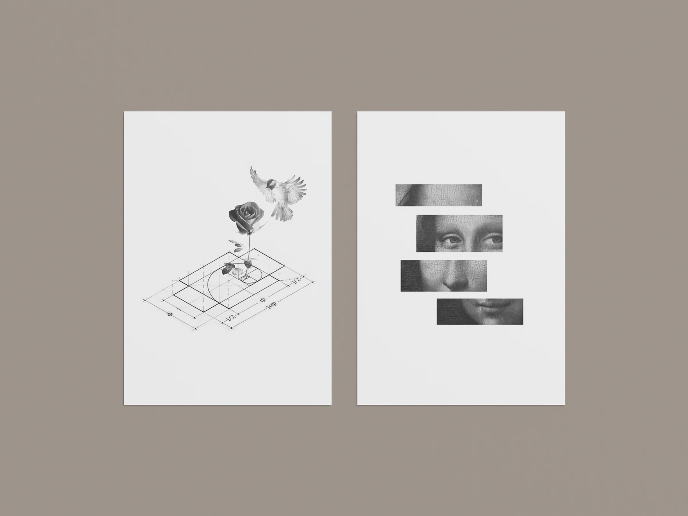 Two tattoo design prints: a rose and bird over a golden-ratio diagram, and the Mona Lisa's face cut into four strips.