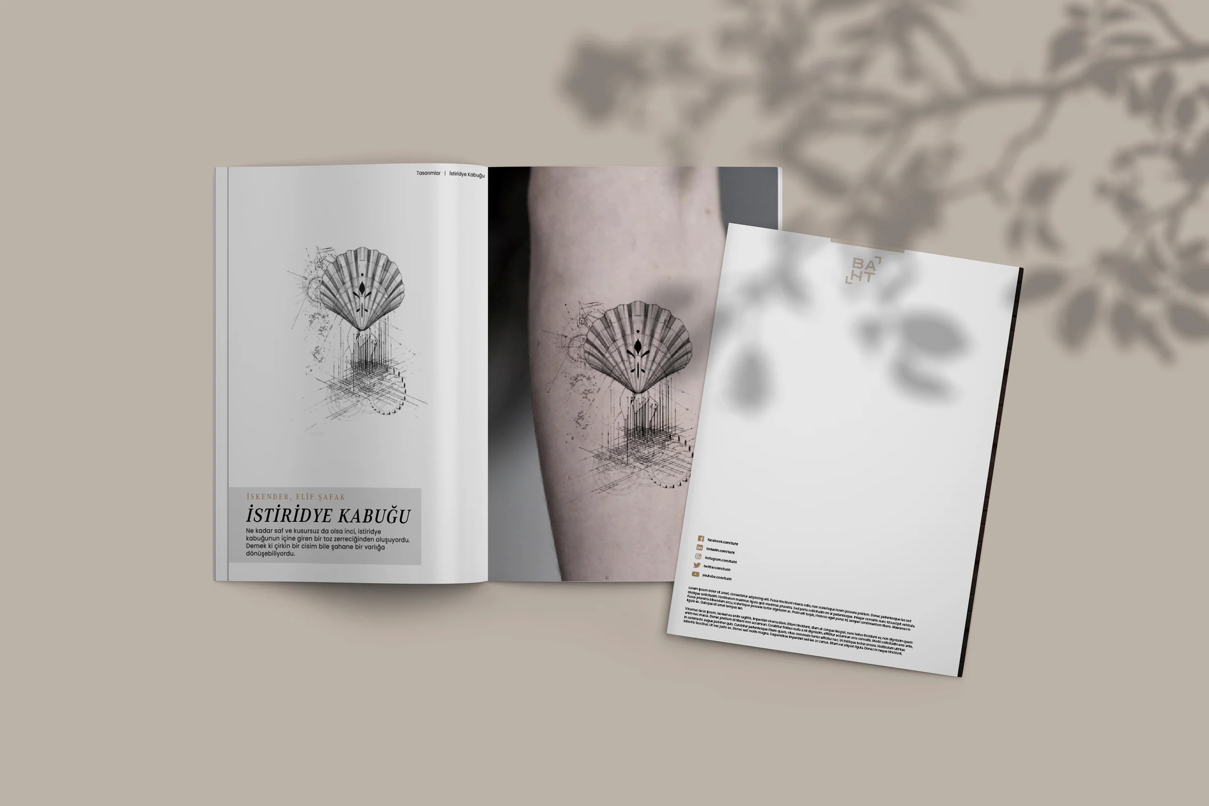 Catalogue spread pairing the scallop shell design, titled İstiridye Kabuğu, with the tattoo on a forearm; back cover alongside.