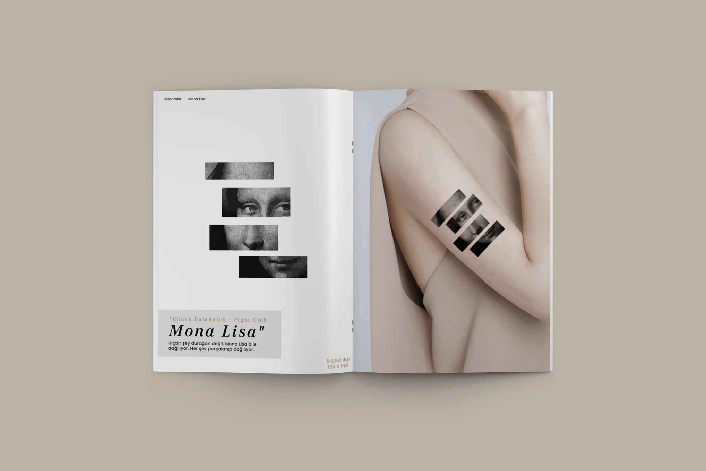 Catalogue spread: the Mona Lisa strip design with a Fight Club quote, opposite a photo of the tattoo on an upper arm.