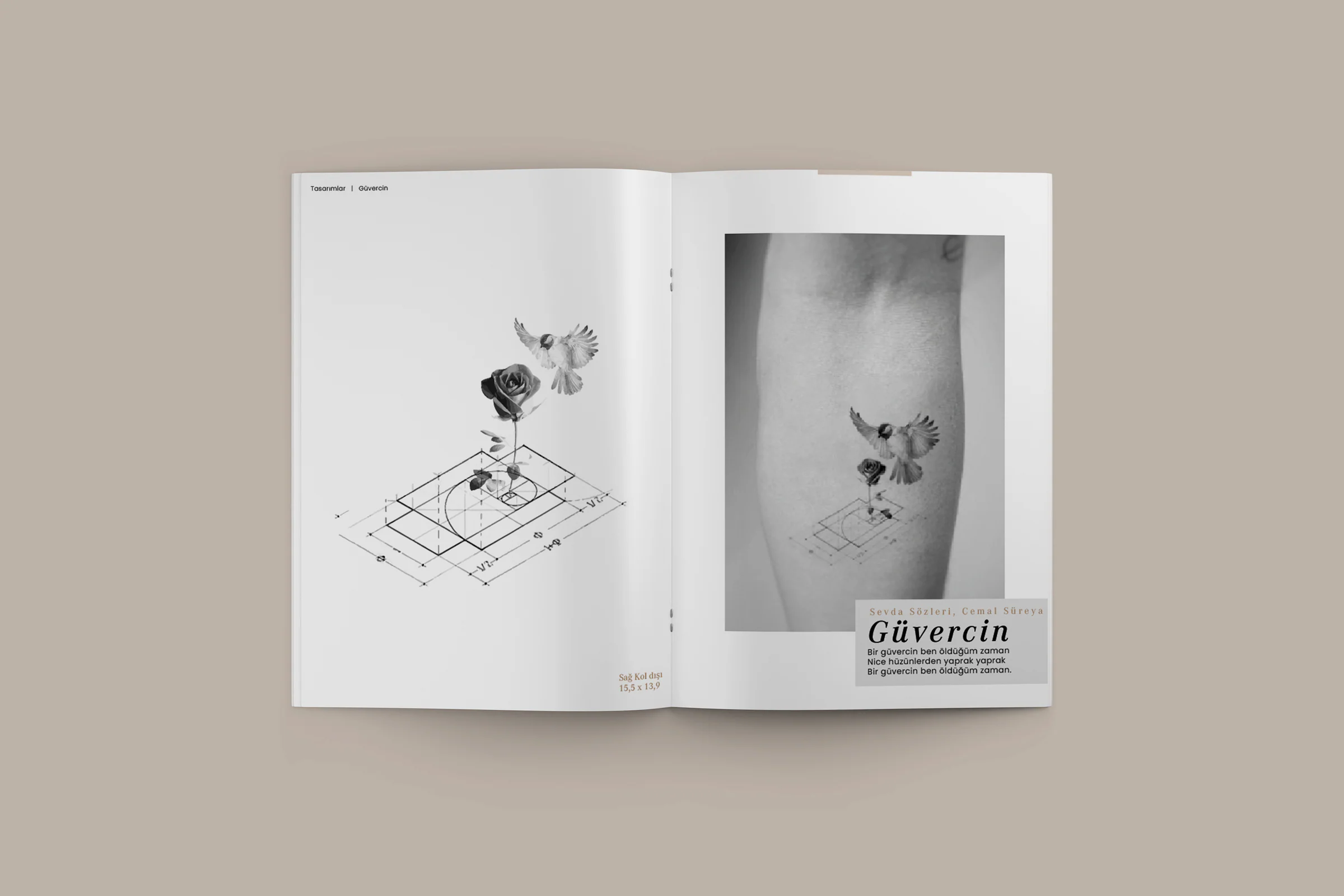 Catalogue spread for Güvercin: the rose and bird design on the left, the same tattoo on a forearm on the right with a poem excerpt.