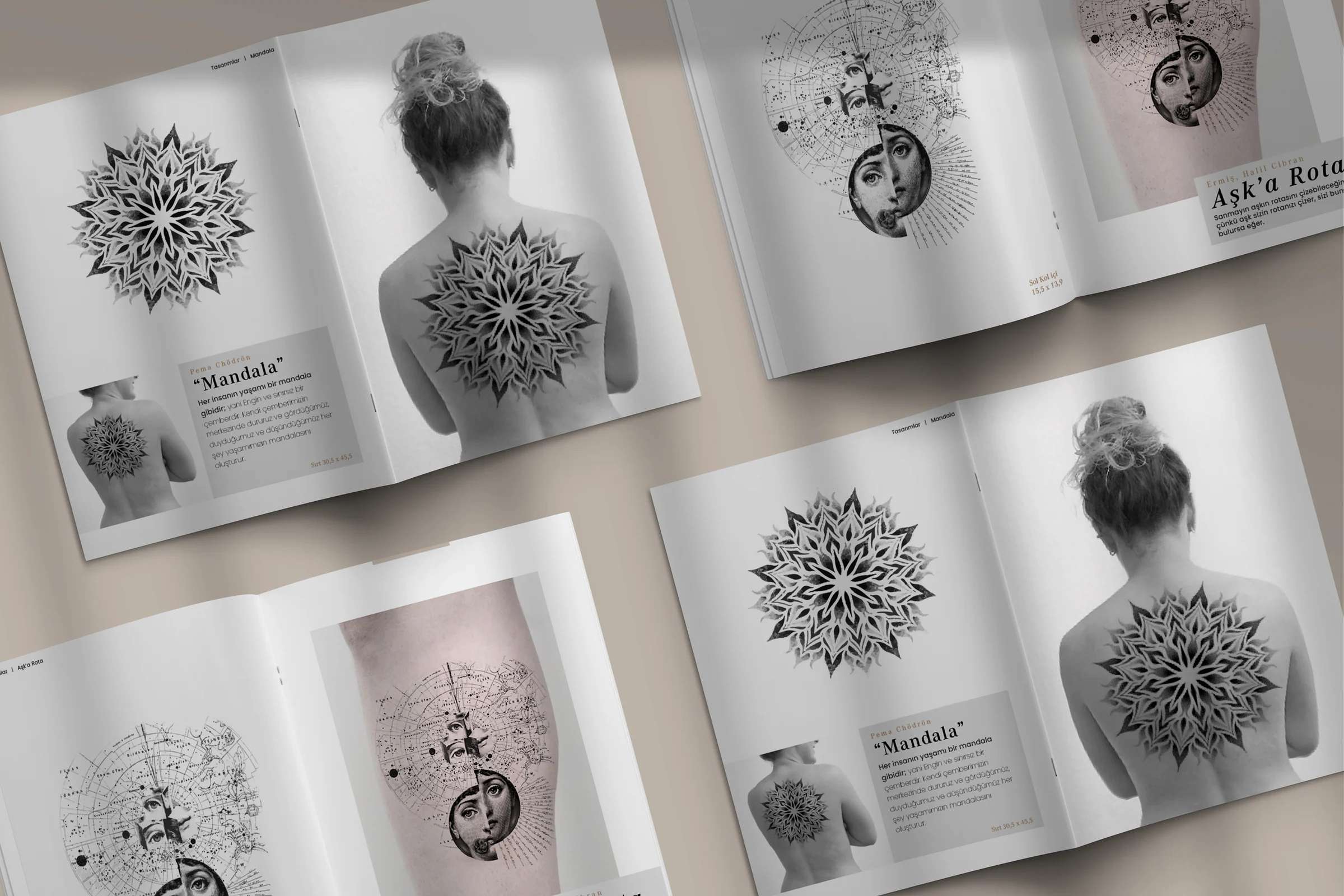 Several open catalogue spreads showing the Mandala design tattooed on a back and the Aşk'a Rota face collage as a tattoo.