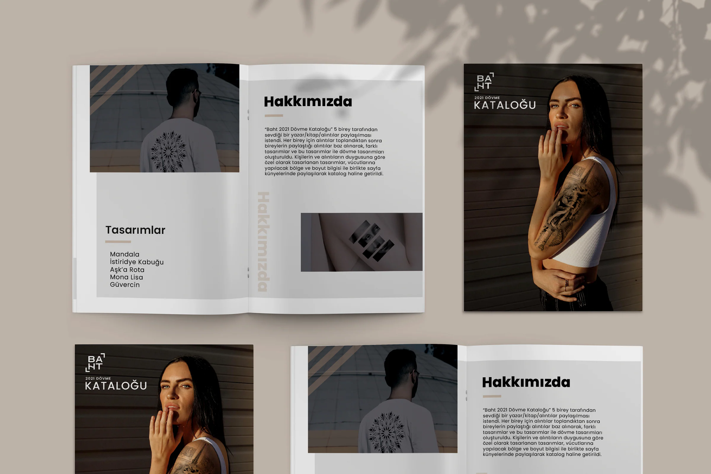 Covers of the baht 2021 Dövme Kataloğu with a tattooed model, and an About spread listing the five designs.