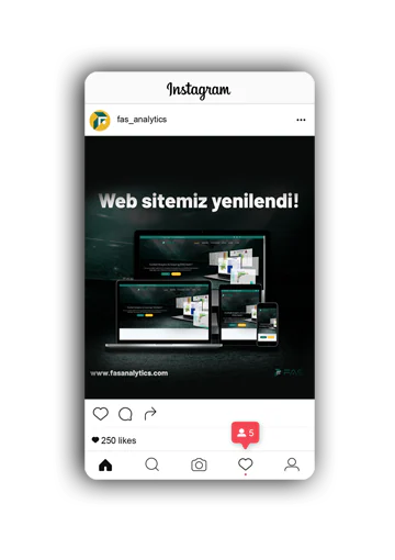 Instagram post mockup from fas_analytics reading 'Web sitemiz yenilendi!' (our website is renewed), with devices showing the site.
