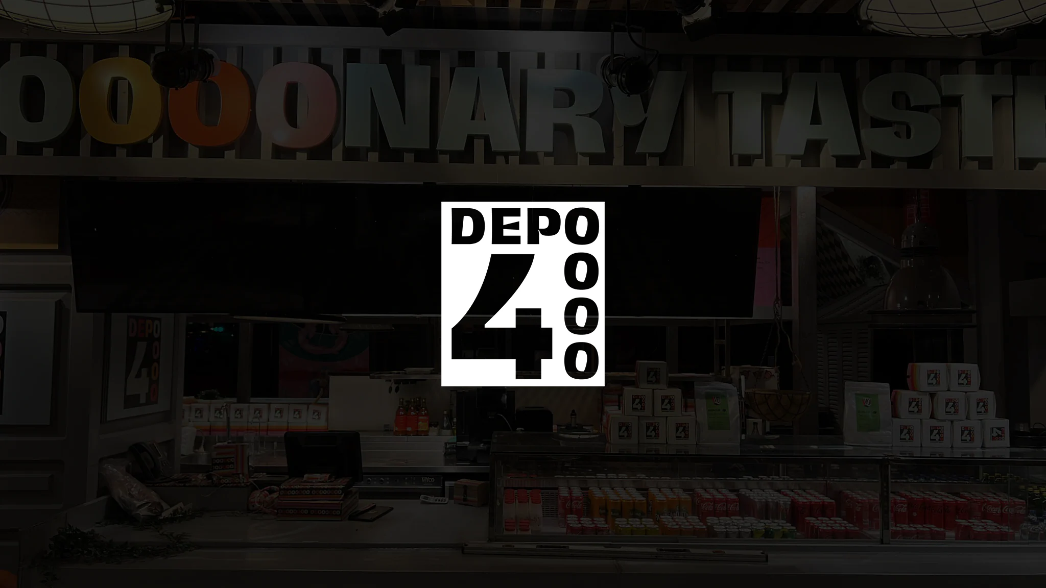 Depo4 logo in a white square, a large 4 beside a column of O's, over a darkened photo of the restaurant counter.