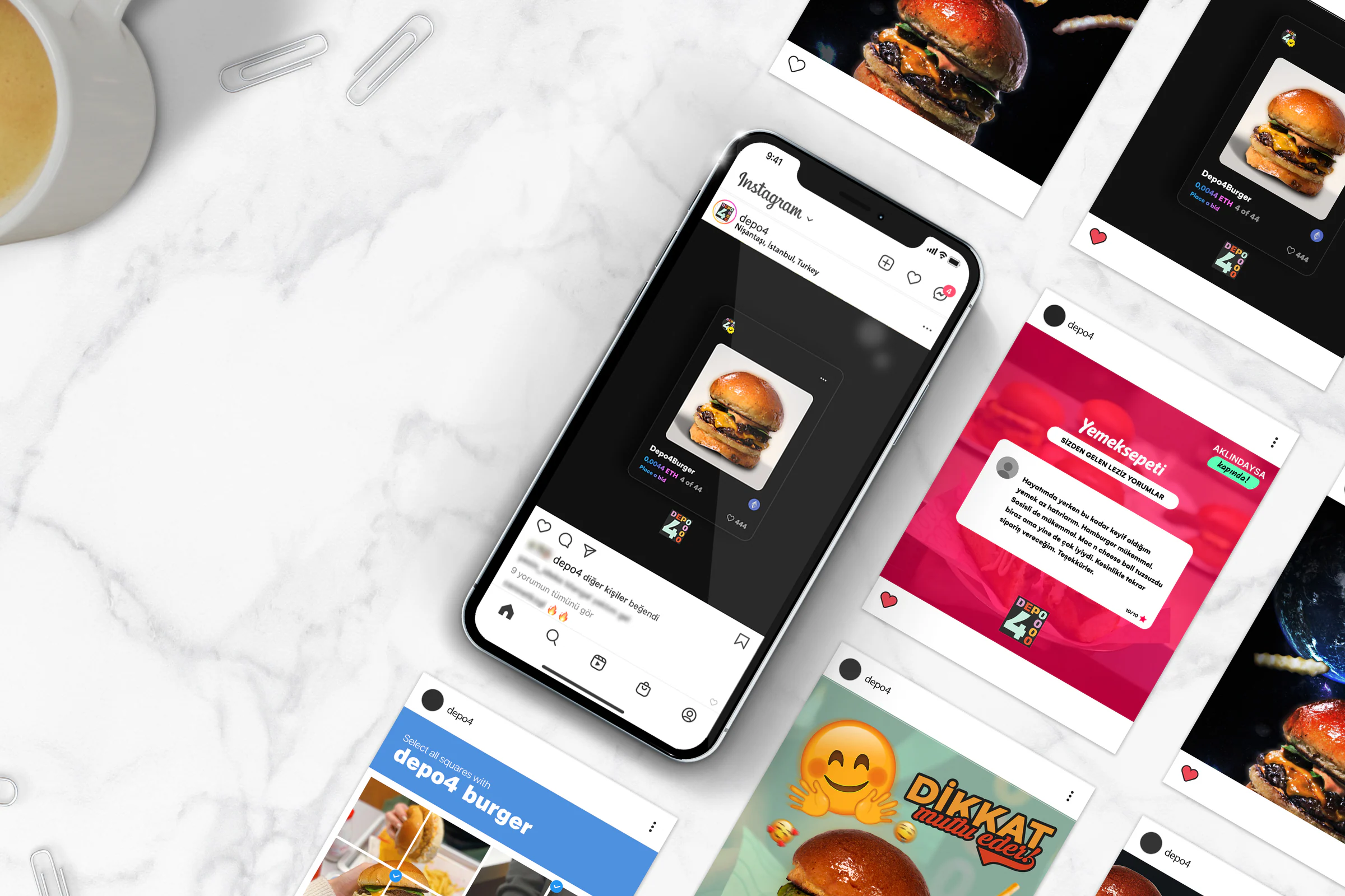 Phone showing the depo4 Instagram feed, surrounded by burger close-ups, a pink Yemeksepeti review post and a smiling-emoji post.