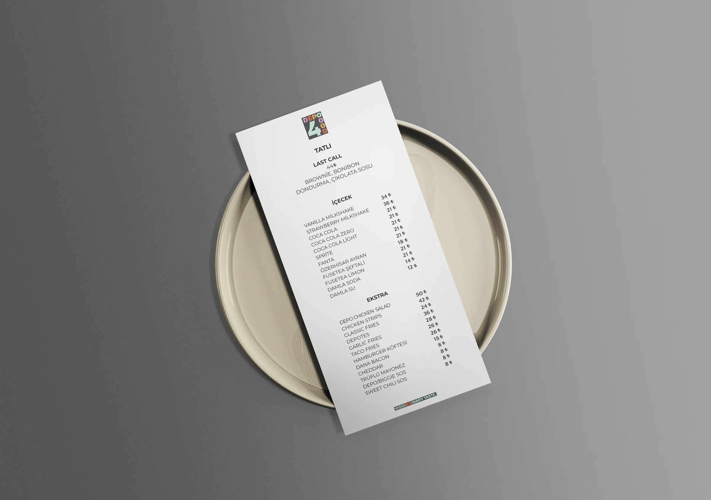 Tall printed menu on a cream plate listing desserts, drinks and extras with lira prices under the colourful Depo4 logo.