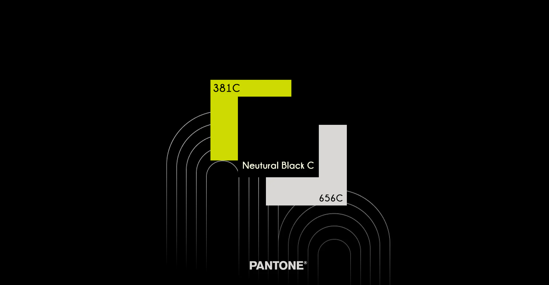 Pantone palette on black: L-shaped swatches of 381C lime and 656C pale grey, a Neutral Black C label and thin white arch lines.