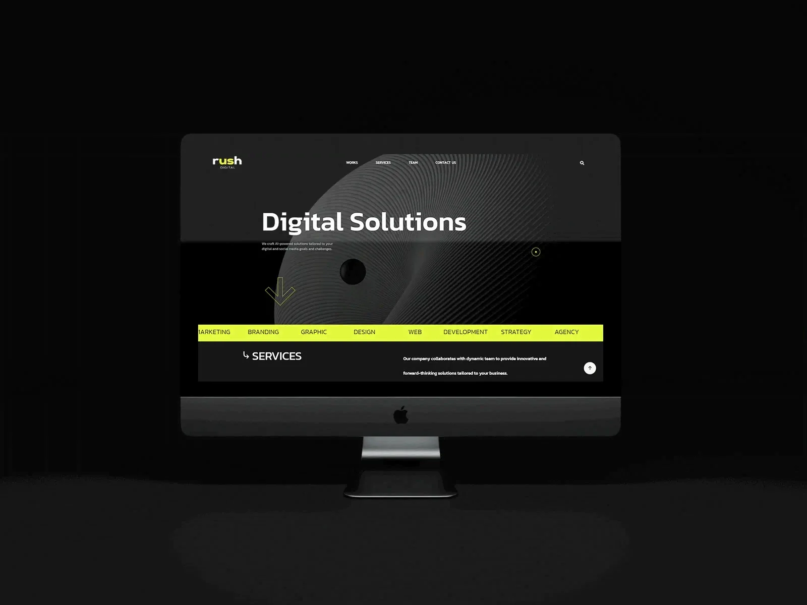 Animated iMac mockup of the Rush Digital home page: a Digital Solutions hero over the ribbed form and a lime band of service keywords.