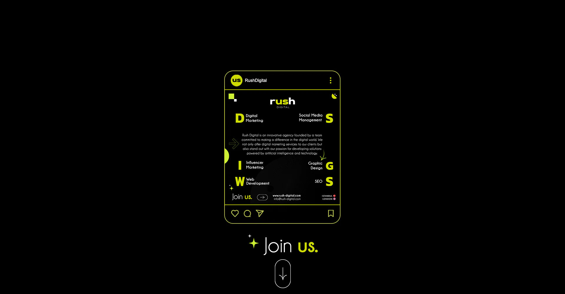 Instagram post mockup outlined in lime, listing Rush Digital services beside large lime initials; Join us. and a down arrow below.