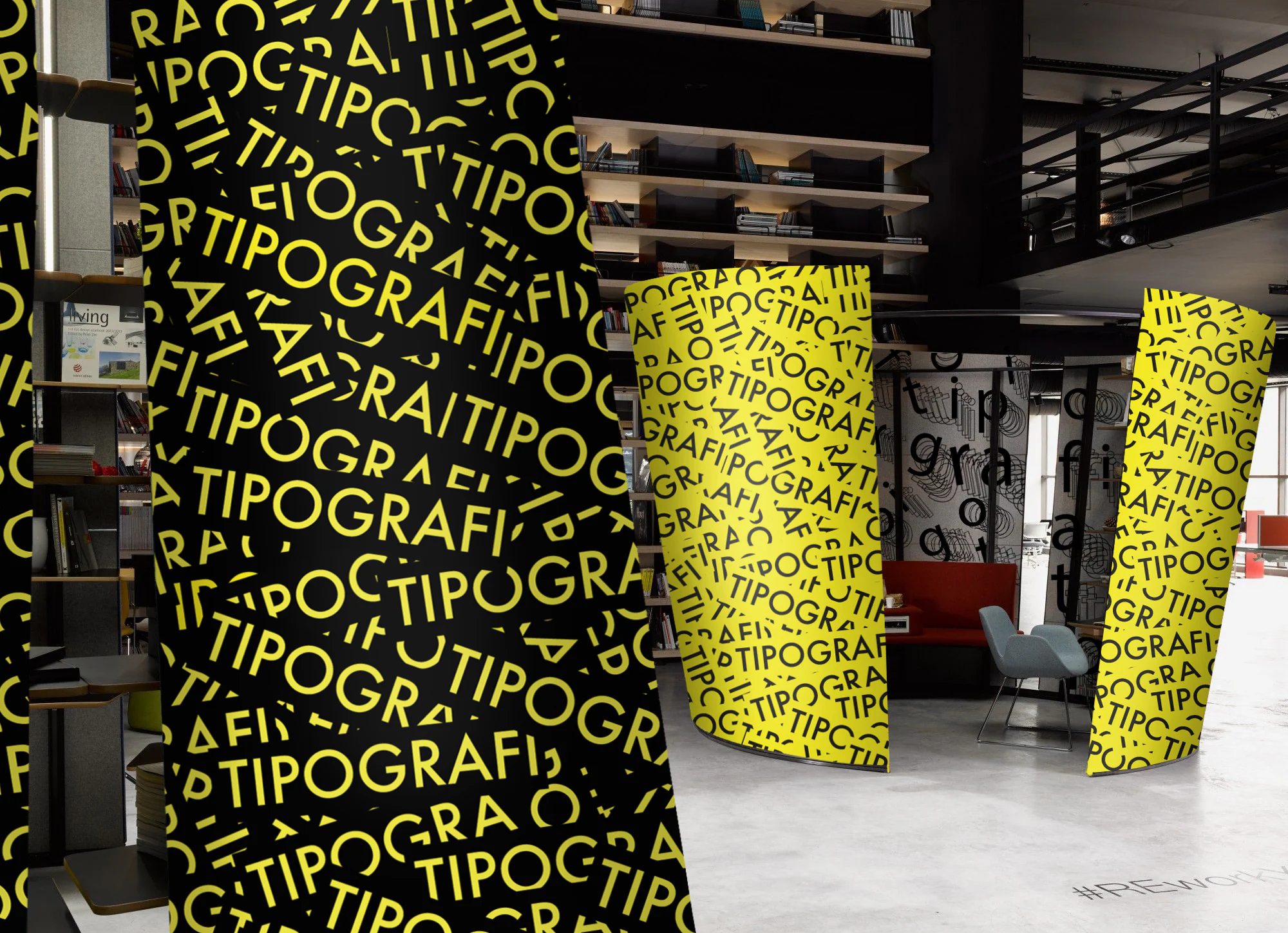 Mockup with a black panel in yellow TIPOGRAFI type, yellow panels in black type and inner walls of scattered lowercase letters.