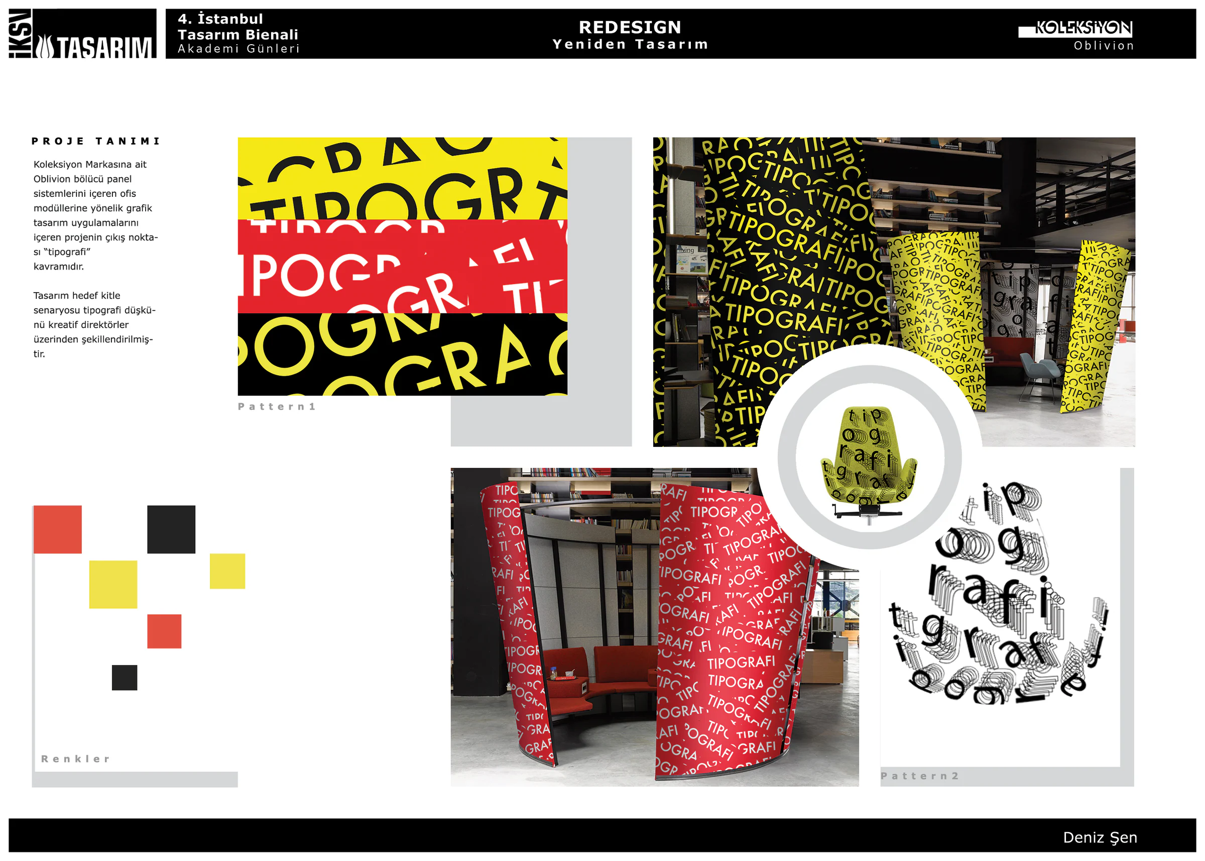 Board for the 4th İstanbul Design Biennial Academy Days: Turkish project text, colour chips, two patterns, panel and chair mockups.