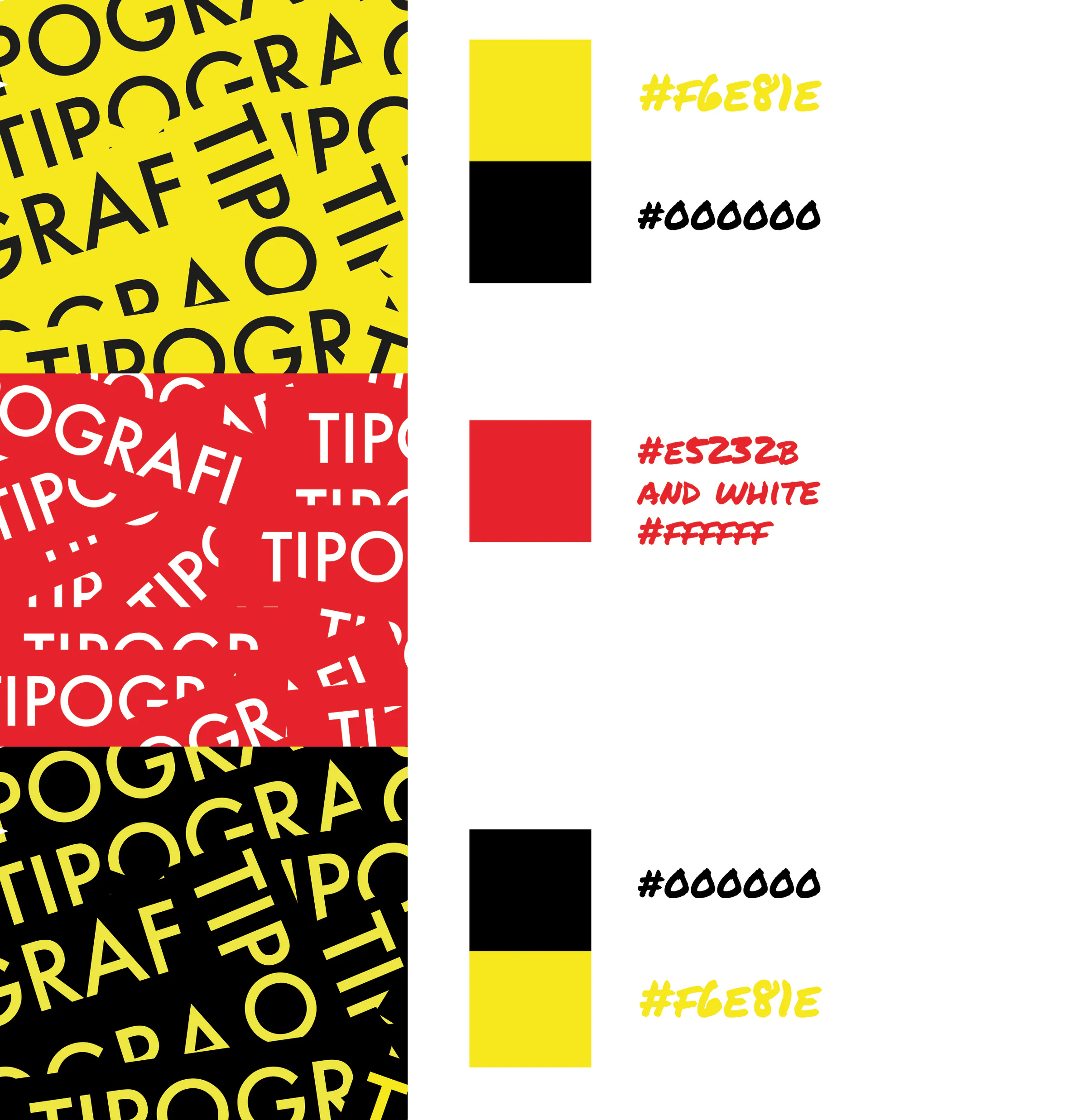 Three TIPOGRAFI pattern swatches (black on yellow, white on red, yellow on black) beside hex codes #F6E81E, #E5232B, #FFFFFF, #000000.