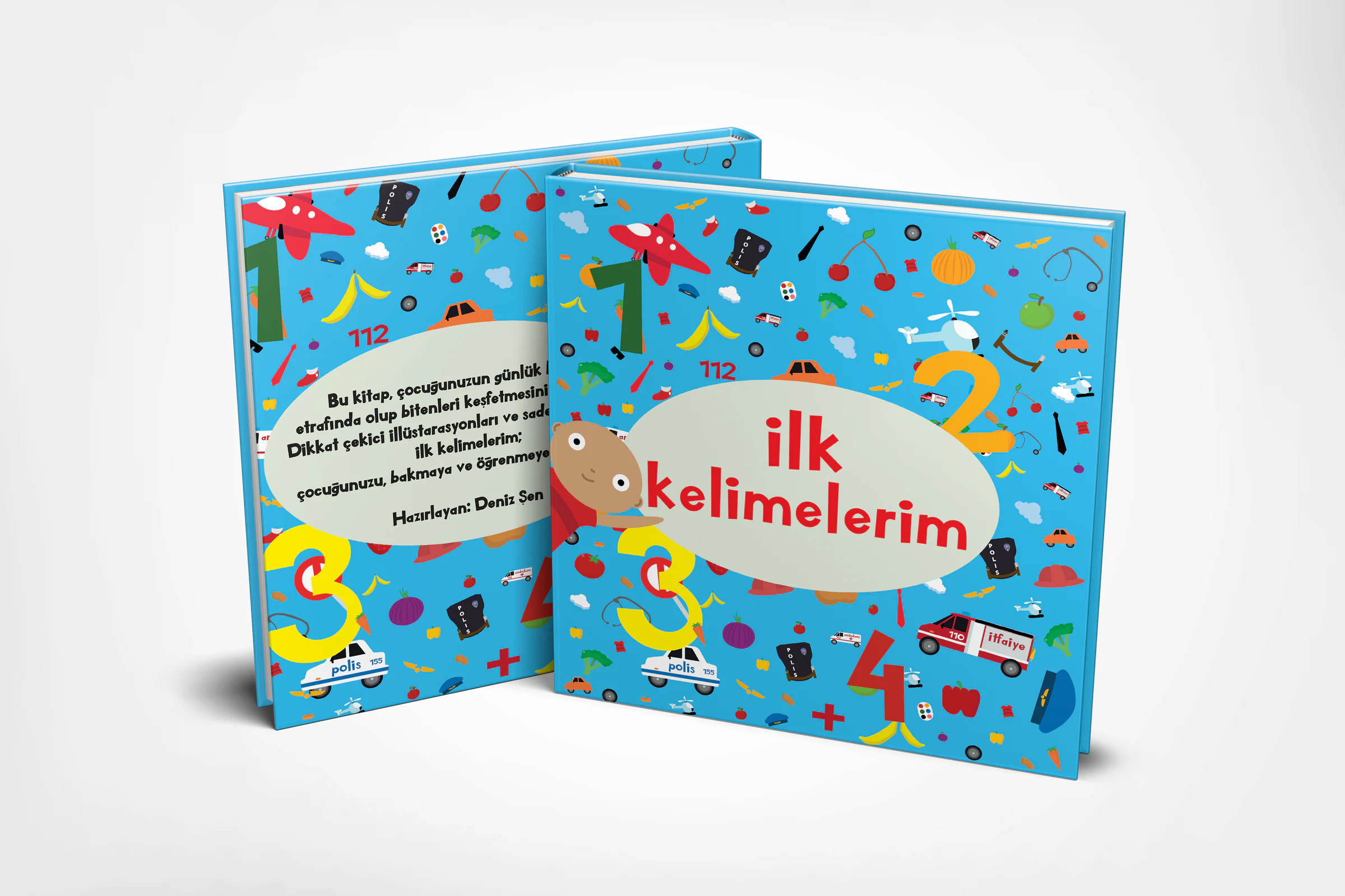 Two copies of İlk Kelimelerim standing, the back cover with a Turkish blurb on the left and the front cover on the right.