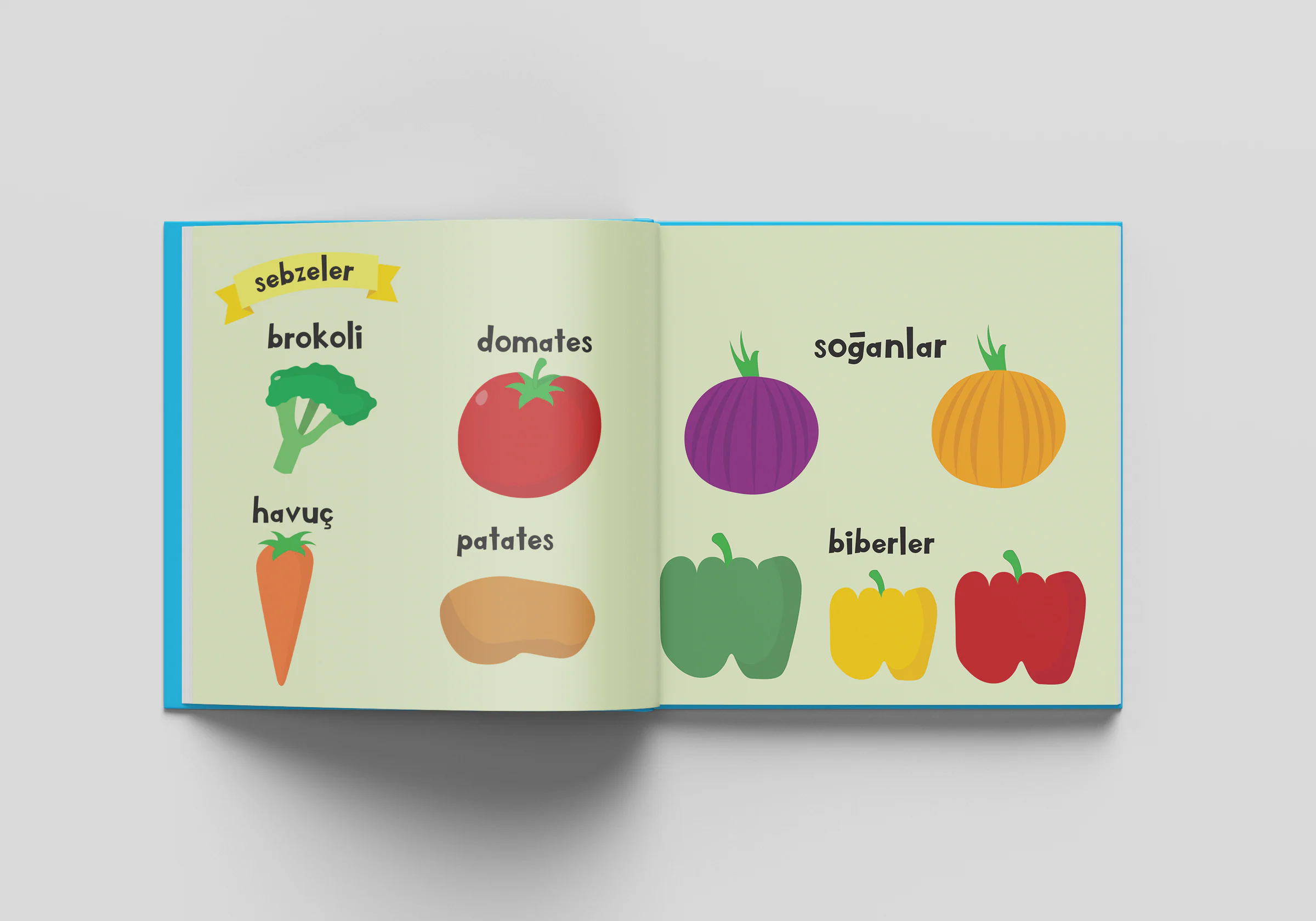 Spread titled sebzeler (vegetables) on pale green: broccoli, tomato, carrot, potato, onions and peppers drawn flat with Turkish labels.