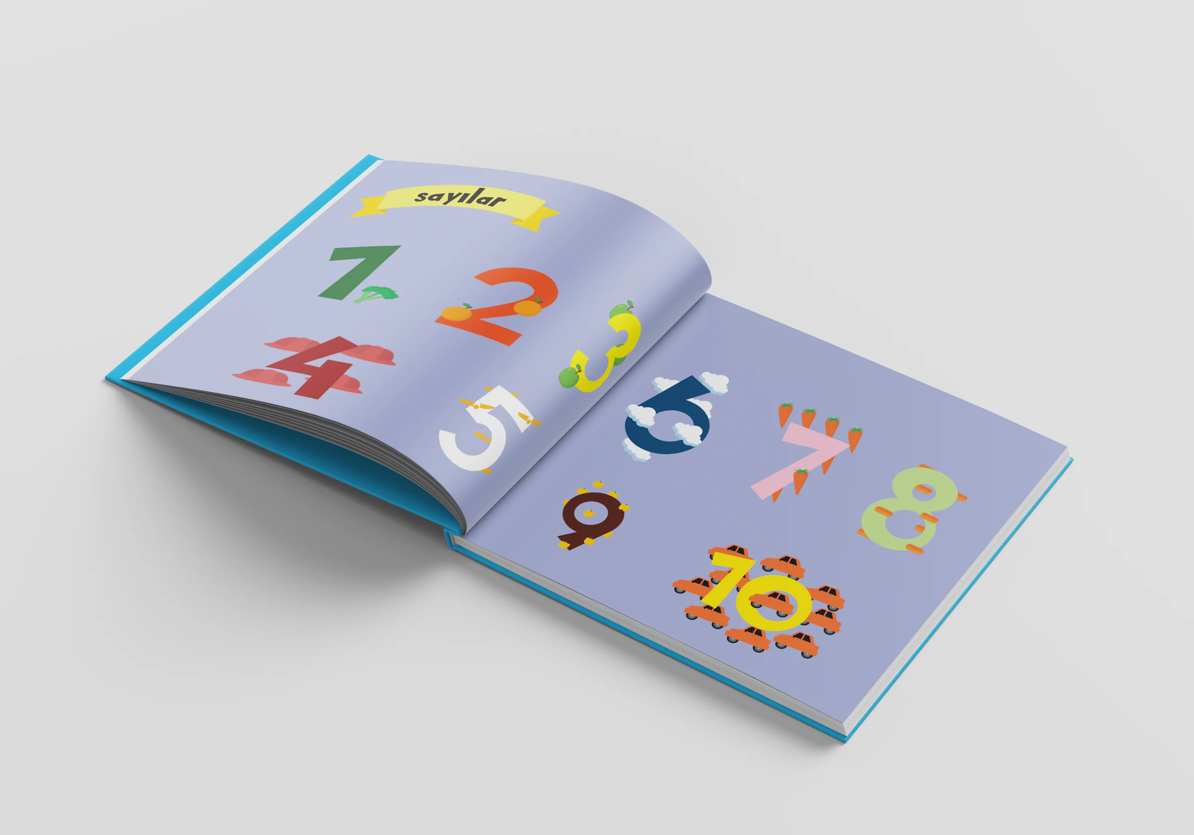 Spread titled sayılar (numbers) on lilac: numbers 1 to 10, each decorated with small objects such as carrots, clouds and orange cars.