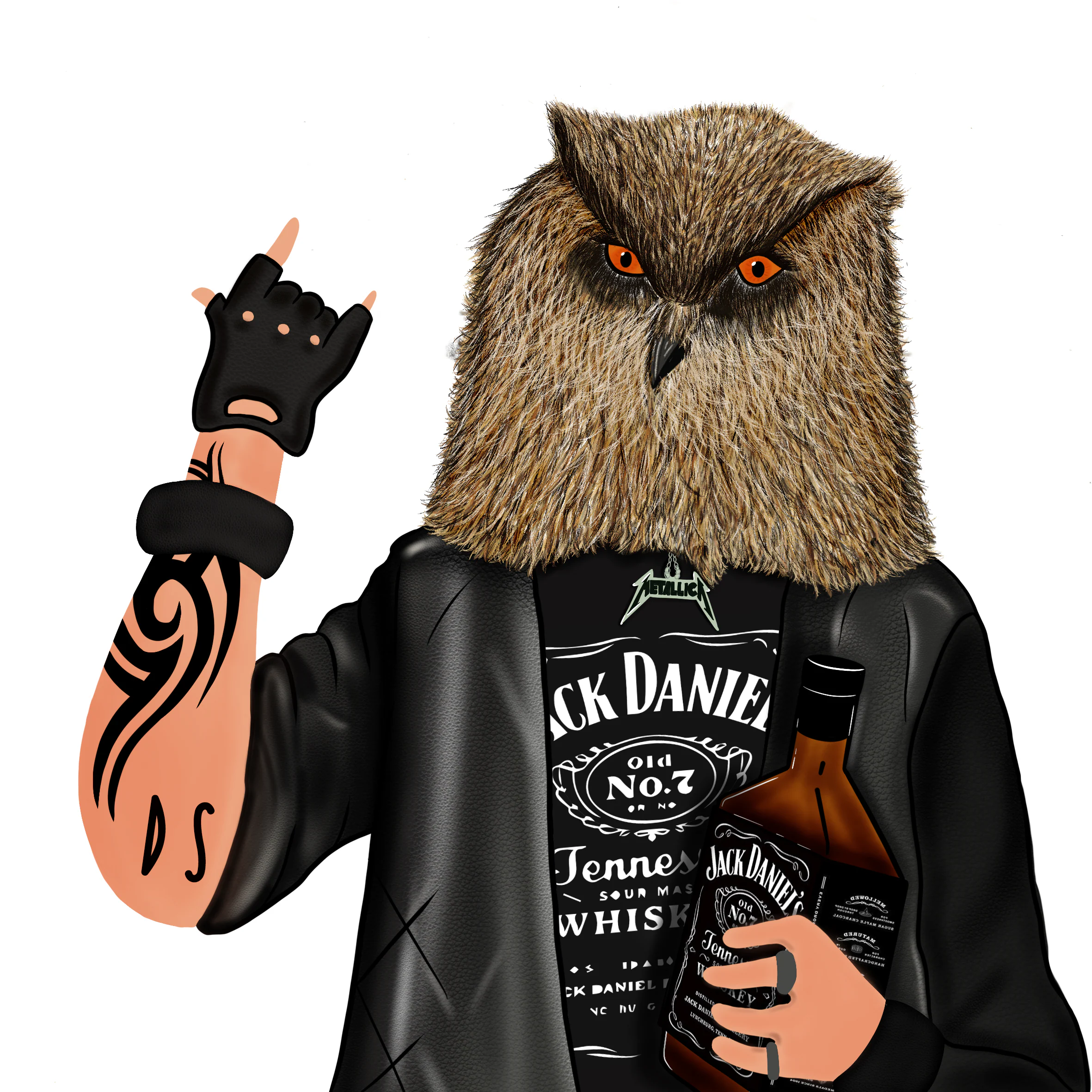 Owl-headed rocker in a leather jacket and Jack Daniel's tee, throwing the horns with a tattooed arm and holding a whiskey bottle.