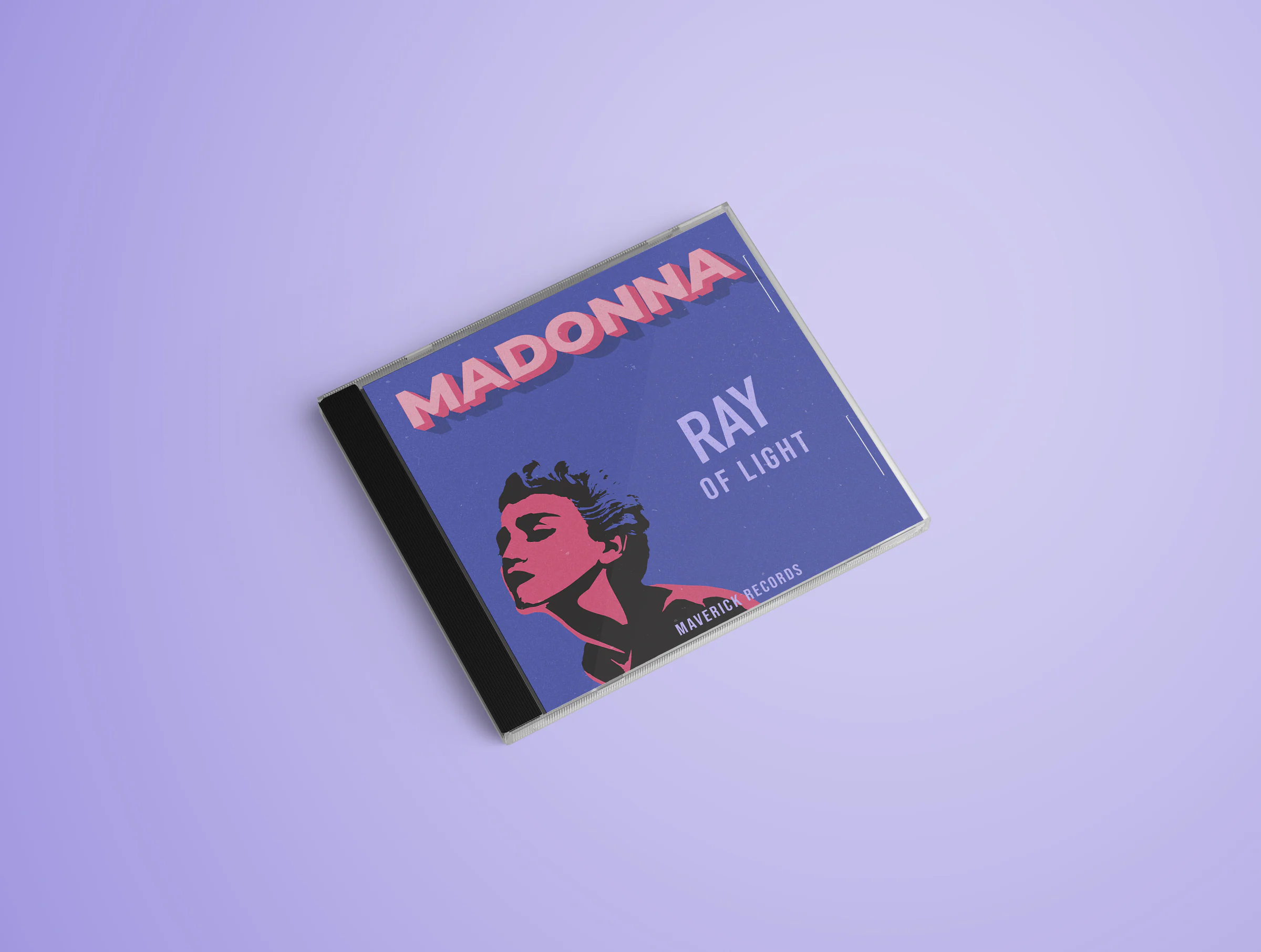 Angled CD jewel case on lilac: pink and black portrait on blue-violet, MADONNA in pink capitals at top, RAY OF LIGHT at right.