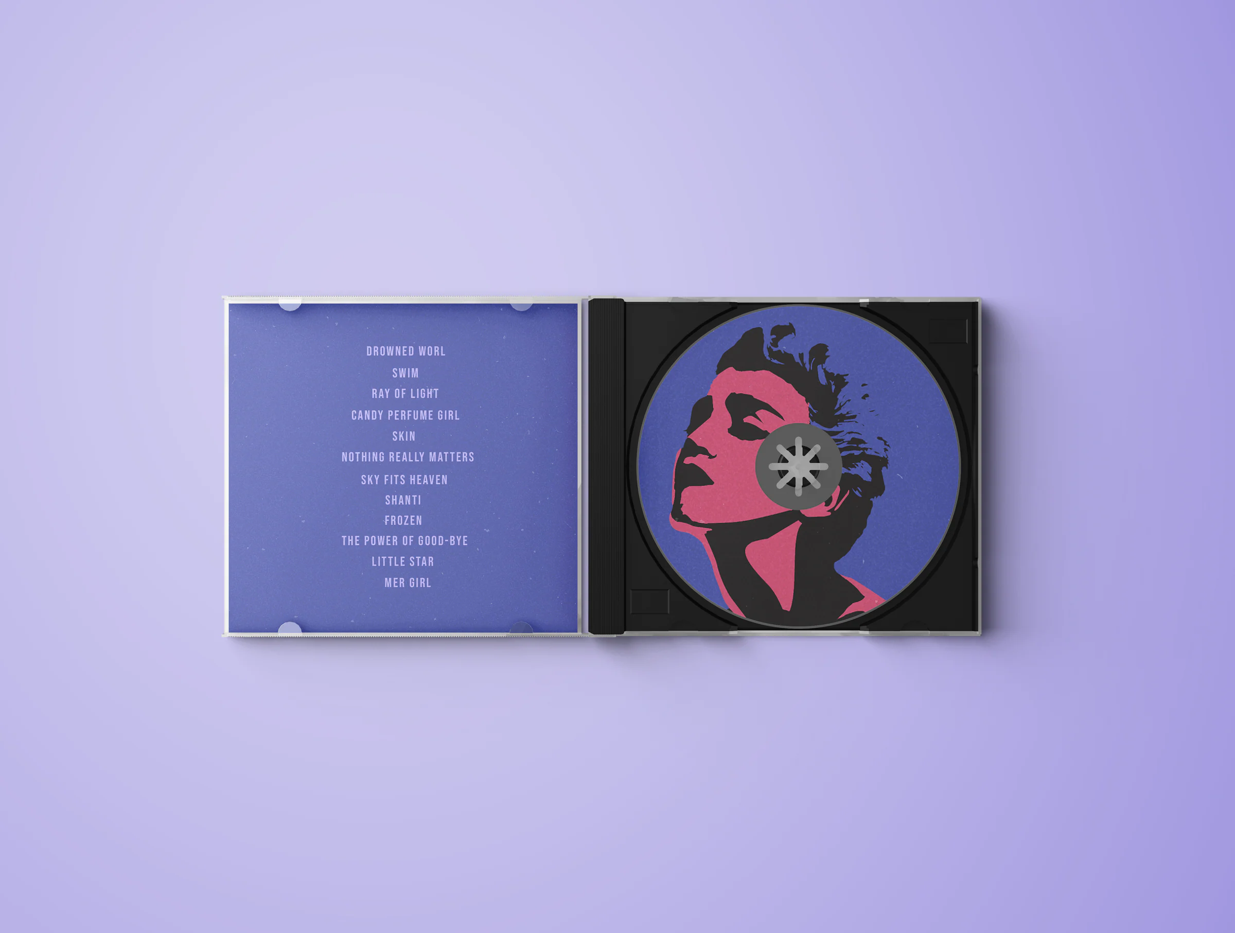 Open CD jewel case on lilac: track list in pale lilac capitals at left, disc printed with the pink and black portrait at right.