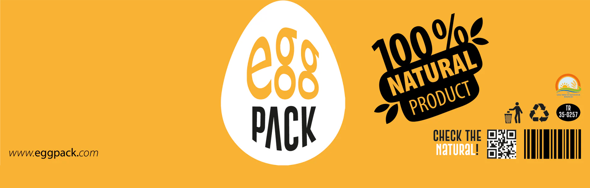 Flat yellow EggPack label artwork: egg-shaped logo, 100% Natural Product badge, QR code, recycling icons, barcode and www.eggpack.com.