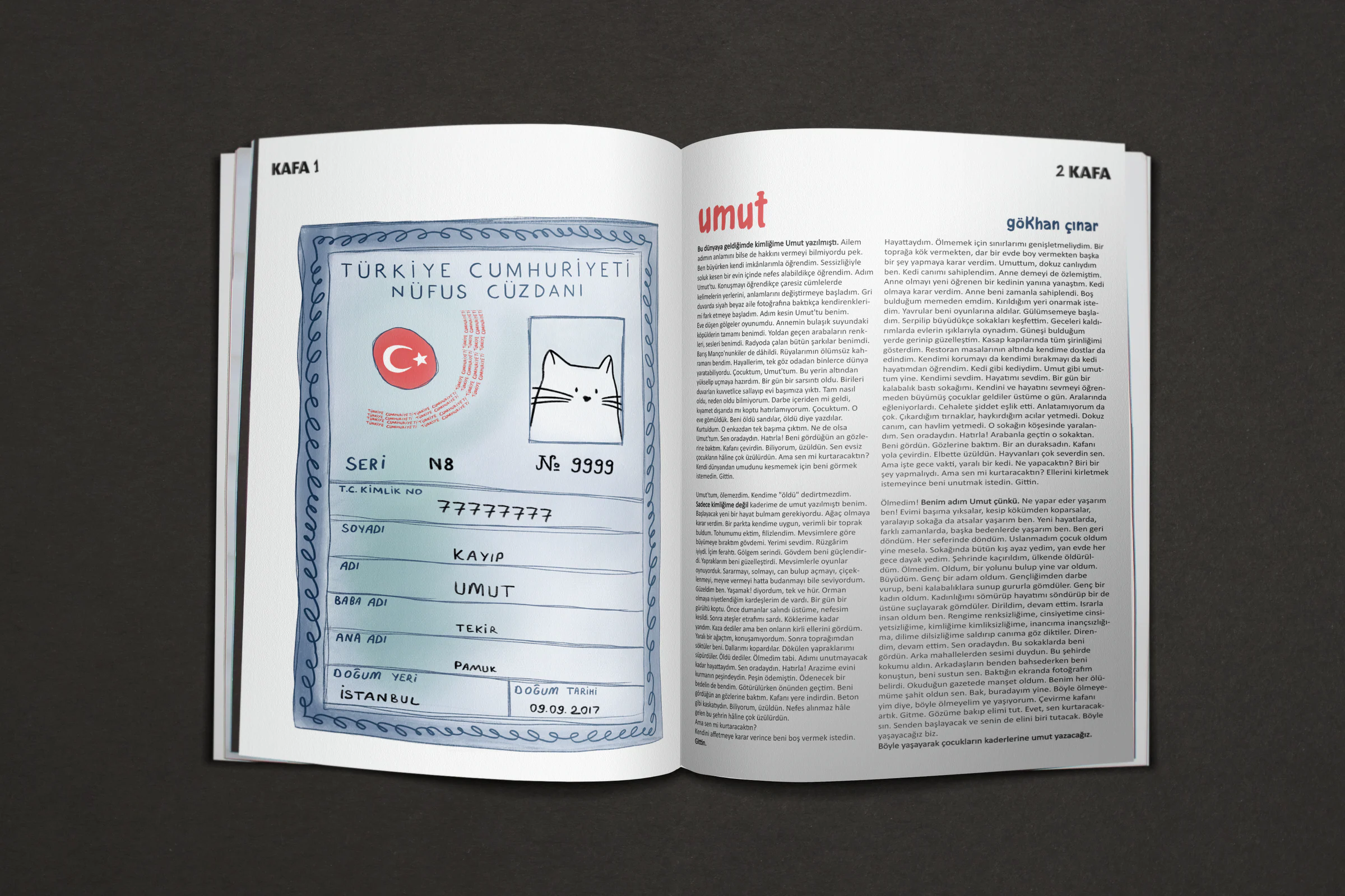 Kafa magazine spread mockup with the cat ID card illustration on the left page and the article Umut set in text columns on the right.