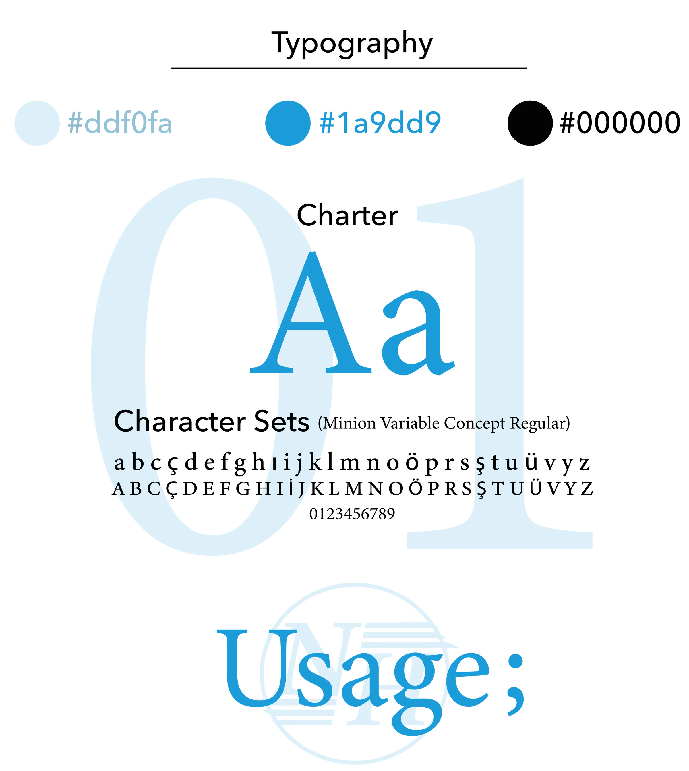Typography page: swatches #ddf0fa, #1a9dd9 and #000000, a large blue Aa, a character set and a Usage heading over a faded NH mark.