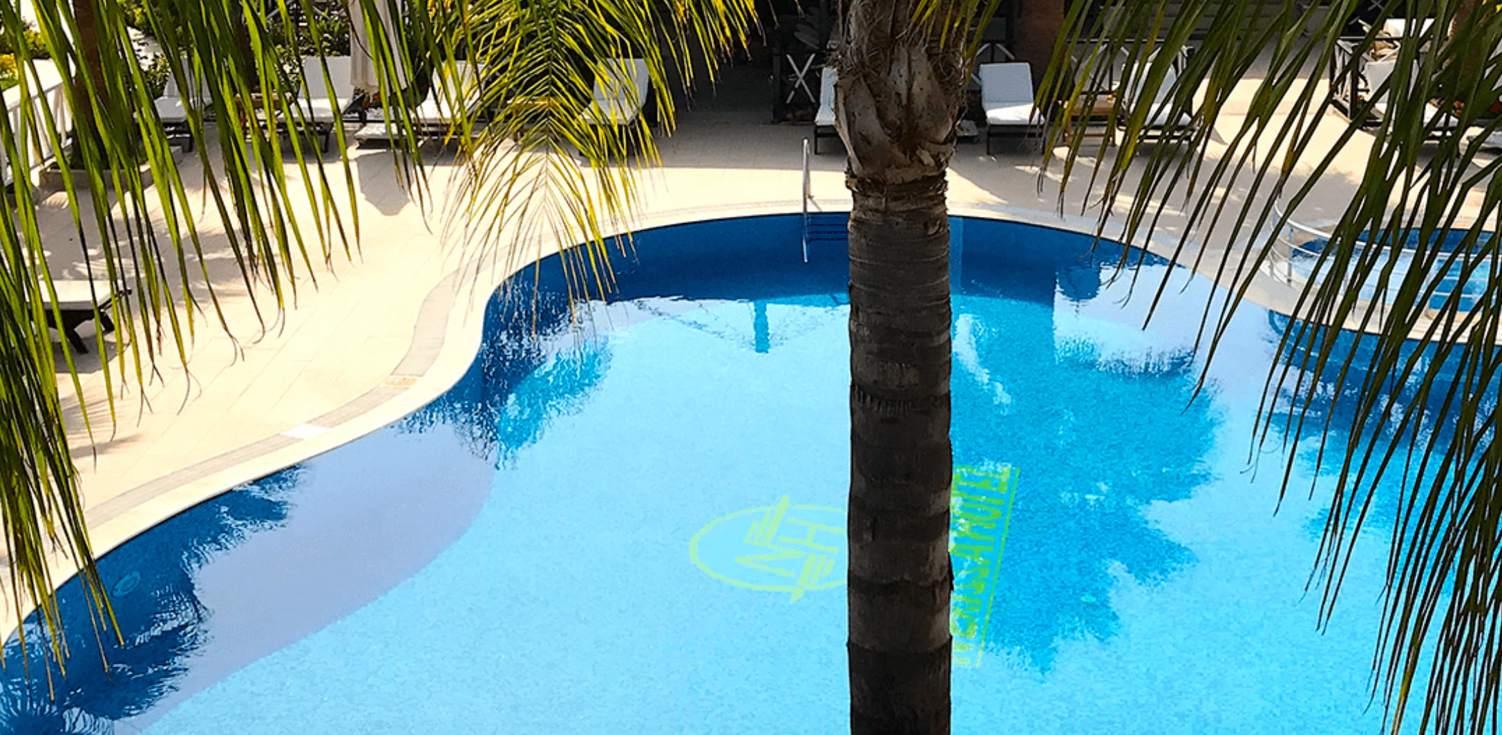 Pool seen from above between palm fronds and a trunk, with a yellow-green NH mark and hotel name on the pool floor.