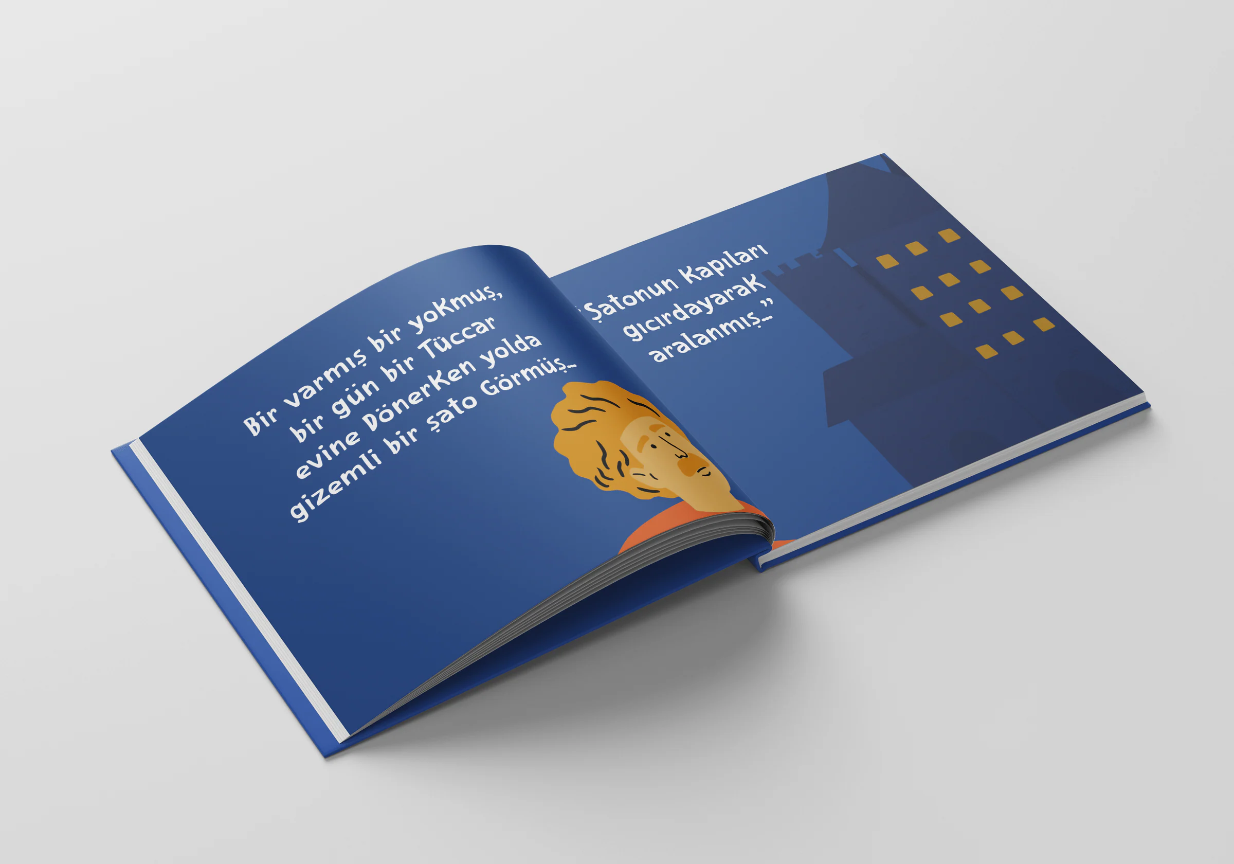 Opening spread on dark blue: the merchant with curly orange hair on the left, a castle tower with lit yellow windows on the right.