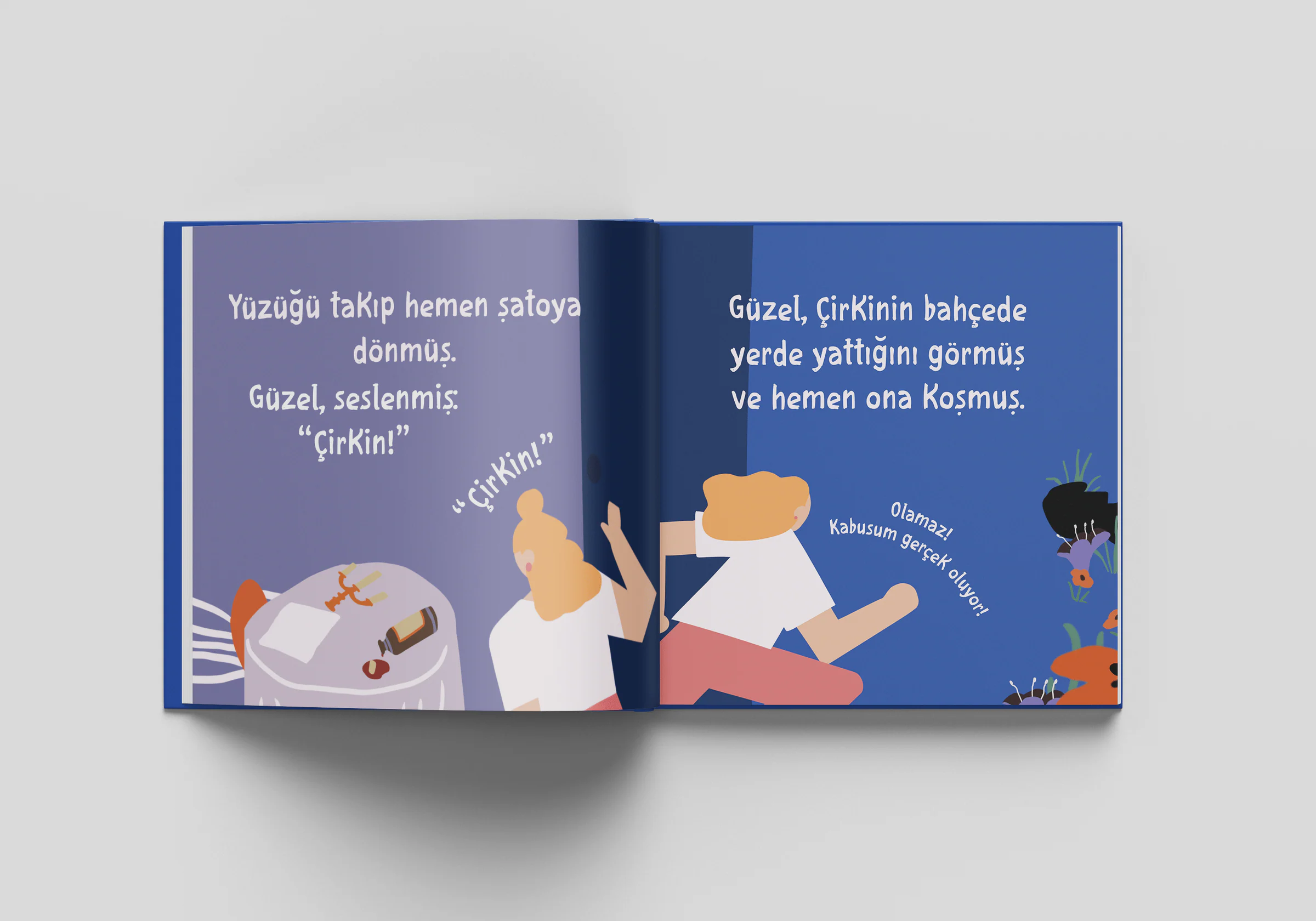 Flat-lay spread: Beauty calls Çirkin! by a lilac dining table, then runs through the blue garden toward the Beast among flowers.